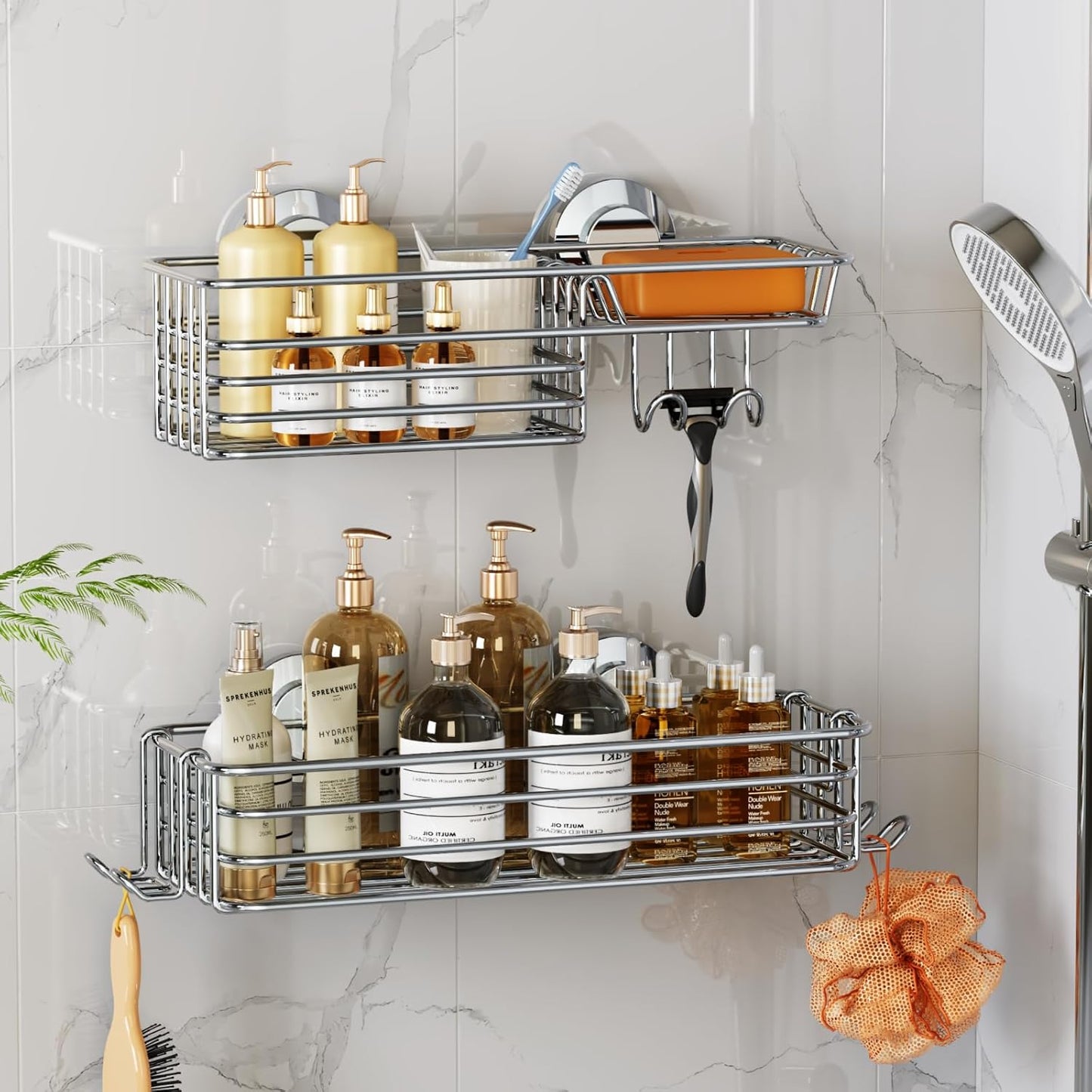 LEVERLOC Shower Caddy Suction Cup, 2 Pack Black Shower Shelf with Hooks and Soap Holder, NO-Drilling Bathroom Organizer, Rustproof Metal Bathroom Storage and Organization