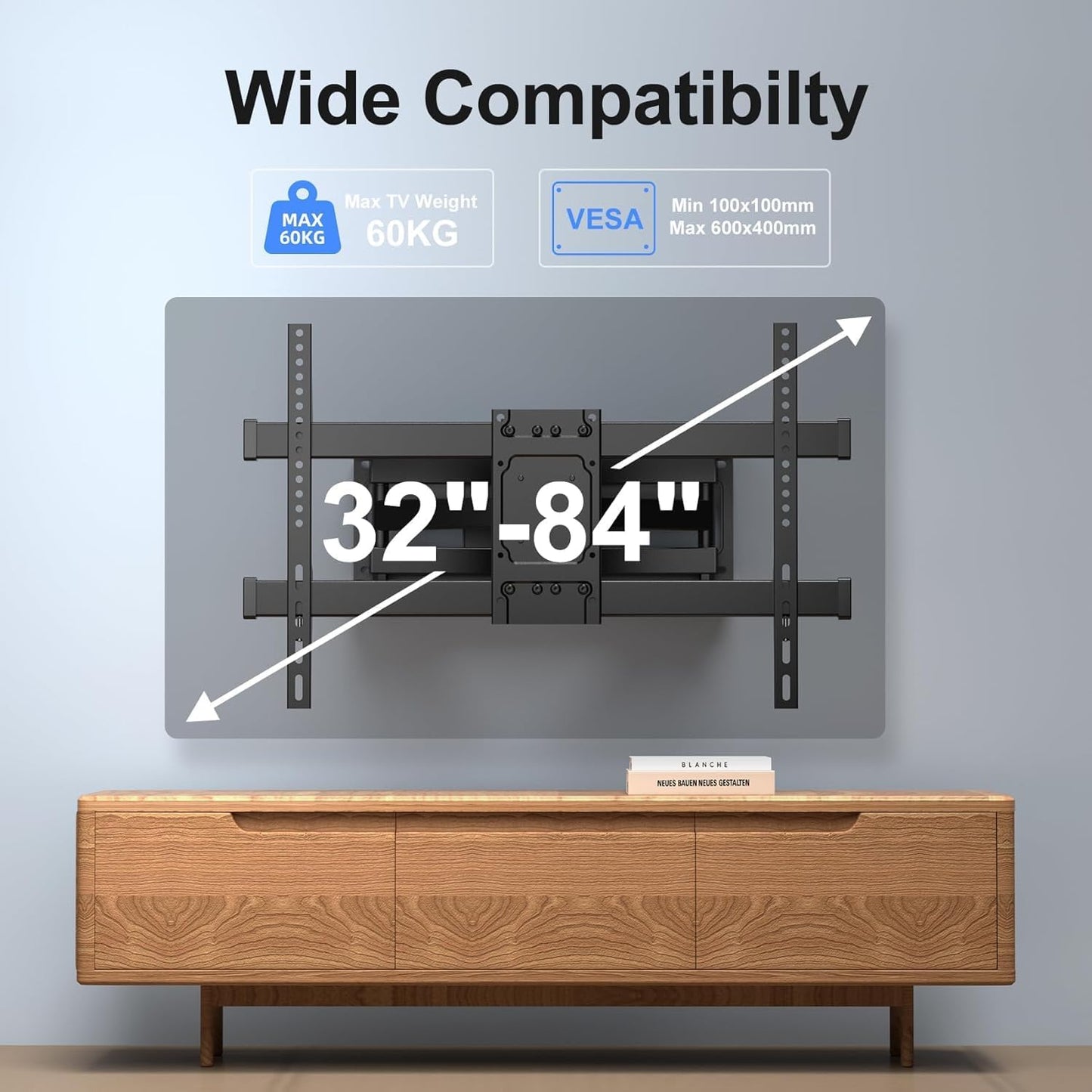 Suptek Full Motion TV Wall Mount for 32 to 84 Inch TV, Swivel and Tilt with Articulating Dual Arms, Max VESA 600X400mm, Holds up to 132lbs, Fits Max 16" Wood Studs, MA01A
