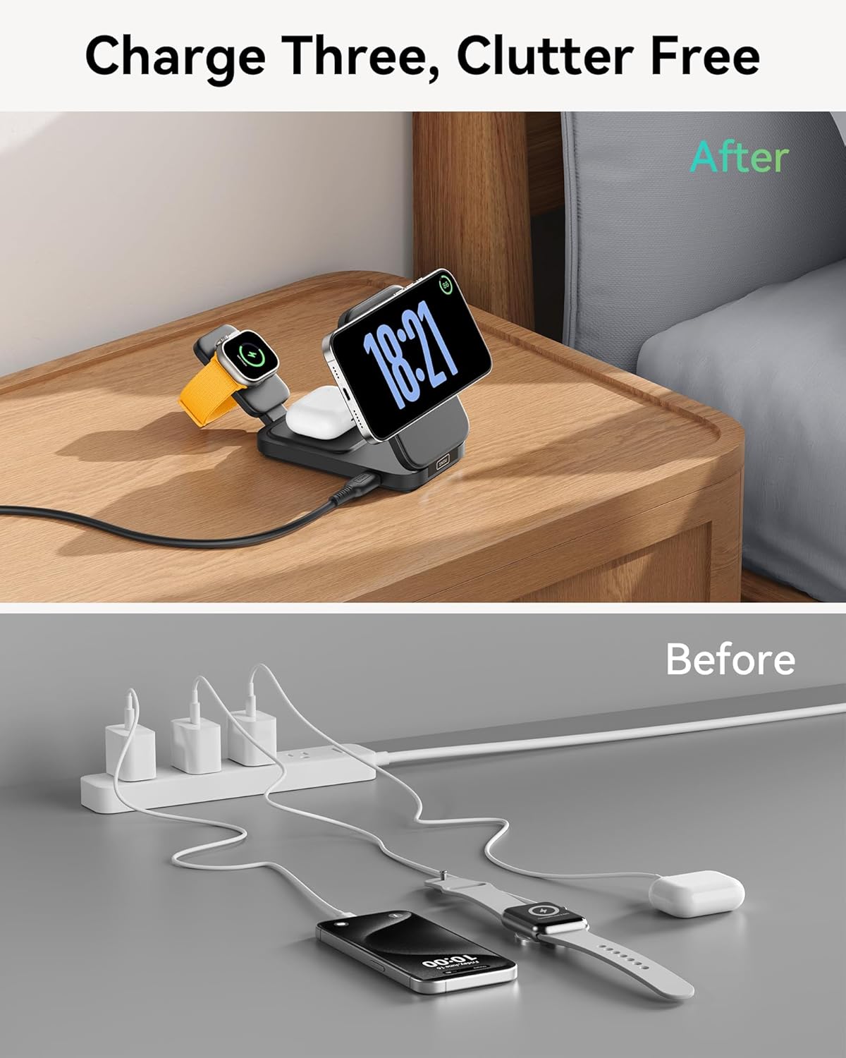 INIU 3 in 1 Wireless Charging Station, Qi2 Certified 15W Travel Charger for Apple Multiple Devices, Foldable Charger Stand for iPhone 16 15 14 13 12 Series Apple Watch AirPods (with Adapter)