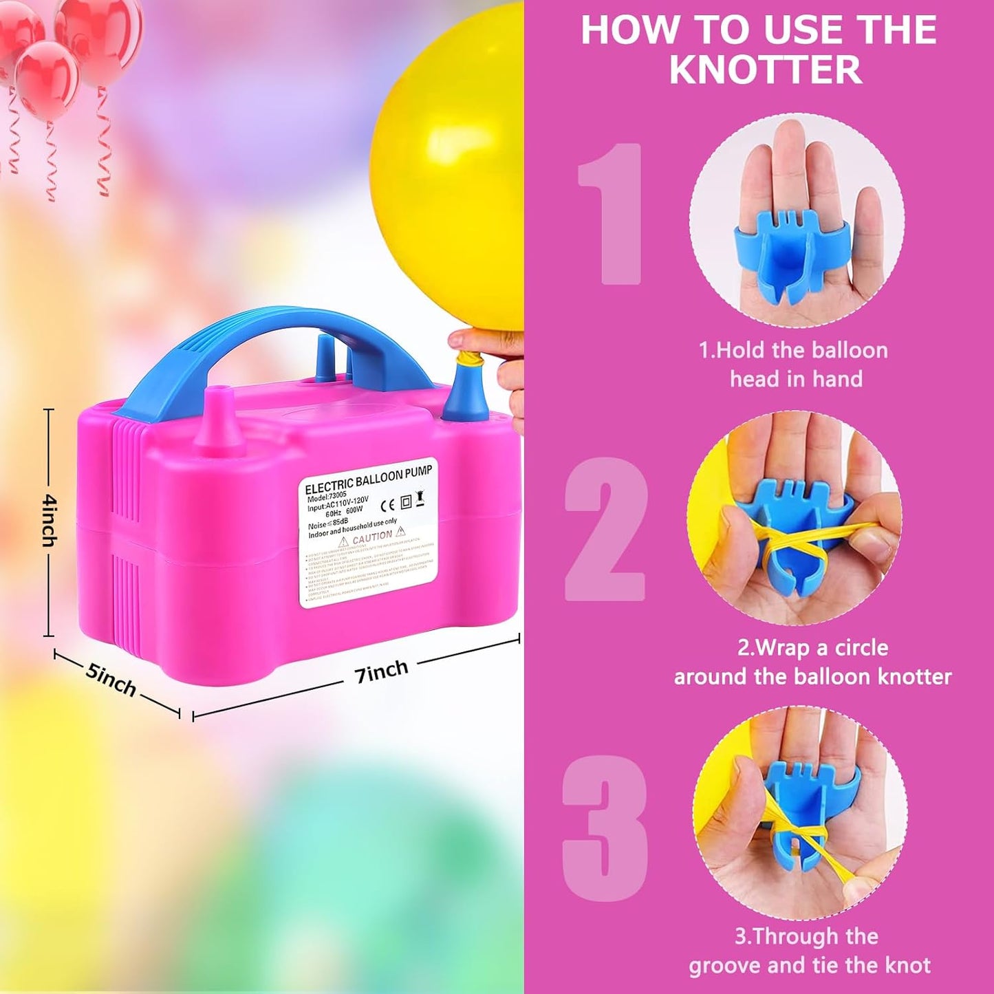 Electric Balloon Pump,Balloon Inflator, Dual Nozzle Electric Air Pump,Balloon Pump Balloons Blower 110V 600W for Party Decoration with Gifts:2 Balloon Tying Tools (Rose red)