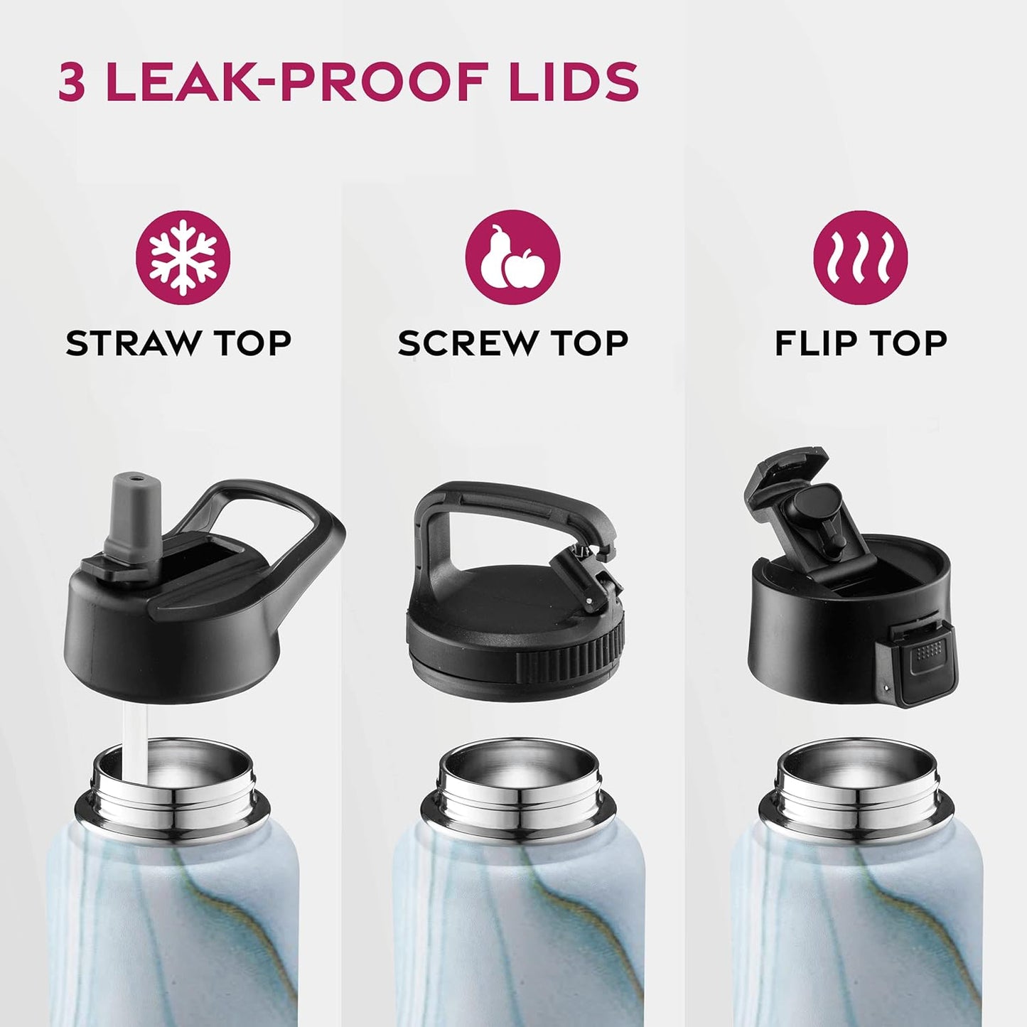 FineDine Water Bottle - Stainless Steel Insulated Water Bottle with Straw Lid, Flip Lid & Wide-Mouth Cap - Keeps Hot and Cold - 25 Oz / 739ml - Pure Pearly White