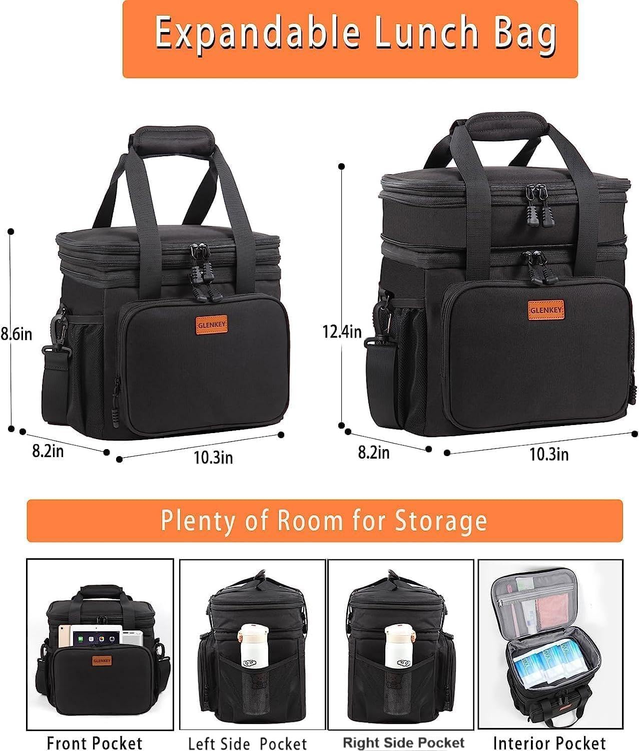 Expandable Large Lunch Bag, Double Deck Insulated Lunch Box Leakproof Durable Soft Cooler Bag for Men Women Adults Work Construction Beach Picnic Daytrip,16L,Black, GLENKEY