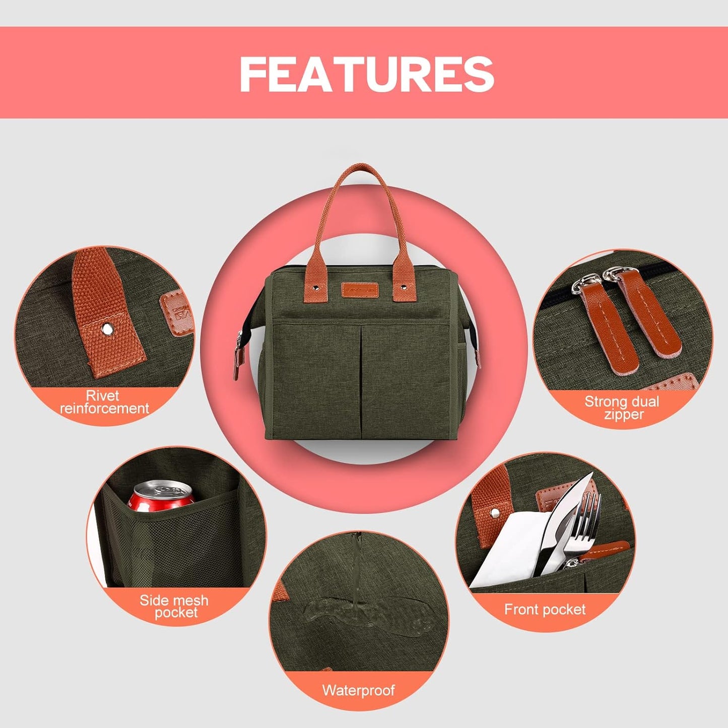 Lunch Bag for Women & Men, Insulated Lunch Box Cooler Tote Bags, Adult Reusable Lunch Boxes with Water Resistant for Work, Travel and Picnic (Grey)