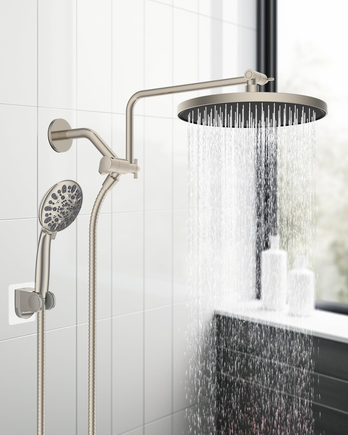 Metal Thickness Shower Head, 10'' High Pressure Rainfall Shower Head/Handheld Showerhead Combo with 12'' Adjustable Shower Extension Arm, 7-Spray, 71'' Hose, Showerhead Holder, Matte Black