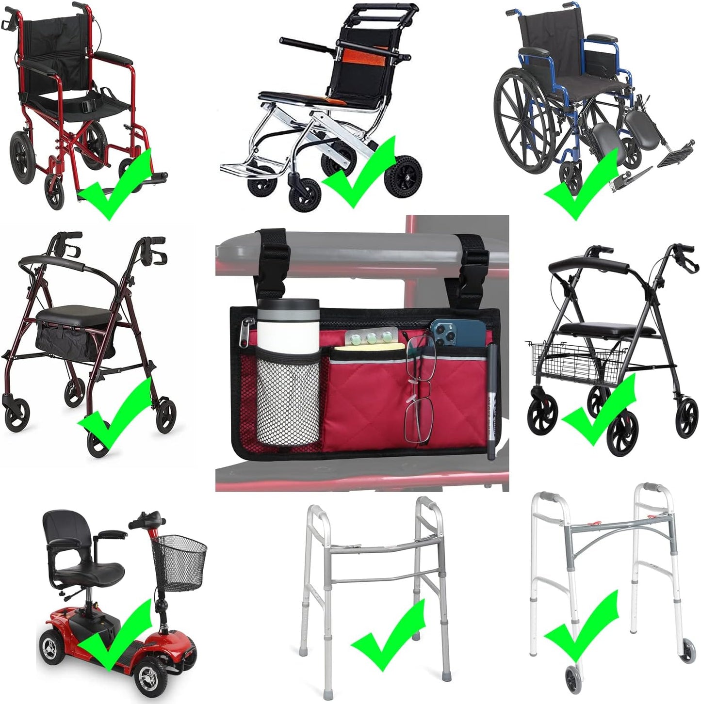 Wheelchair Side Bag, Wheelchair Armrest Storage Pouch with Cup Holder and Reflective Strip for Wheelchairs, Walkers or Rollators (Black)