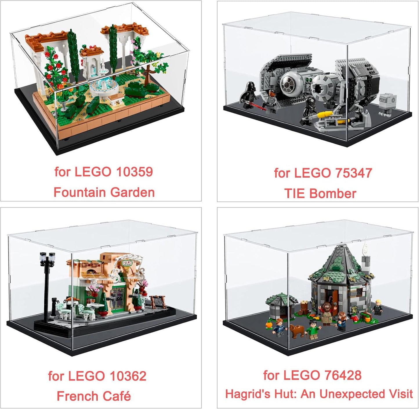 Thickened Clear Acrylic Display Case for Lego 10330 43268 76450 42170 10295 10353 Collectibles, Transparent Box Dustproof Protection with Wood-Plastic Base & String Light, Black Inside 40x20x20cm