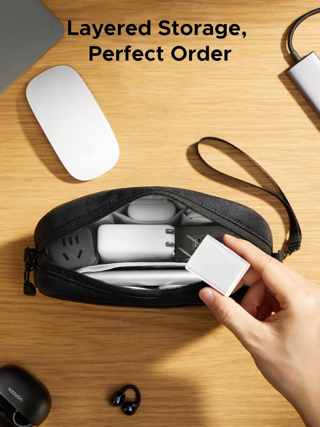 UGREEN Travel Case Electronics Organizer, Tech Pouch Portable Cable/Charger Case with YYK Zipper, Waterproof, Multi-Layer for Game Cards/Hard Drive/PowerBank, Lightweight and Compact, S