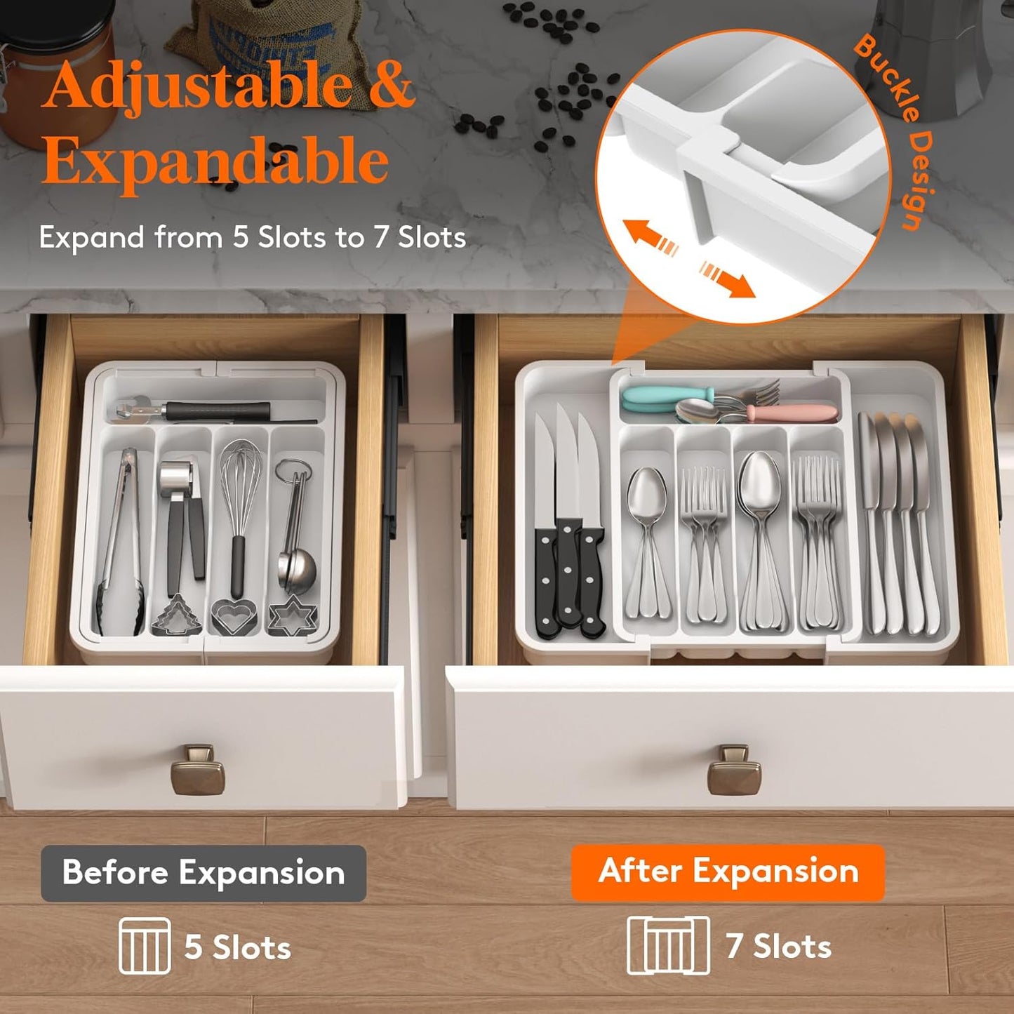 Lifewit Cutlery Organizer, Expandable Utensil Organizer for Kitchen, Utensil Holder, Adjustable Cutlery Rack Organizer for Spoons, Knives, Kitchen Organizers and Storage, Black
