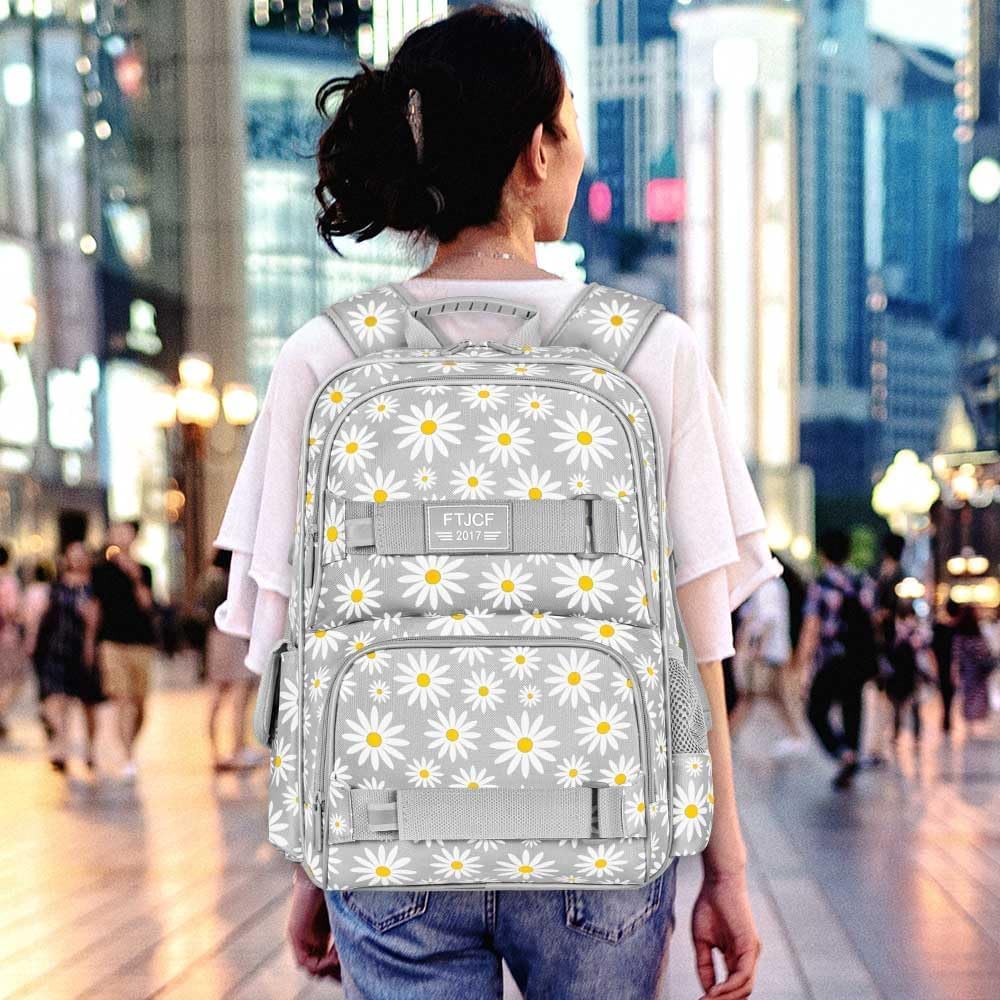 3PCS Daisy Girls Backpack, 17 Inch Laptop School Bookbag Teen College Water Resistant Kids Backpacks with Lunch Box Set - Grey