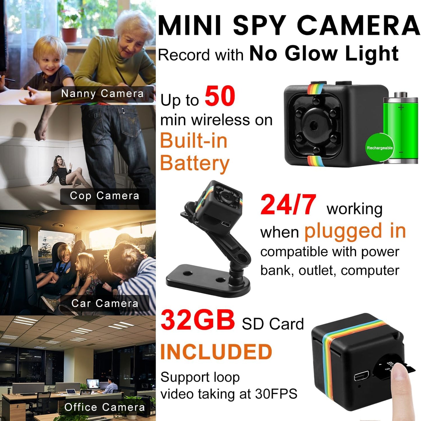 Spy Camera, Bextgoo Hidden Camera No WiFi, 1080P FHD Mini Camera with 32GB Memory Card,12MP Photoshoot, 140° Wide Angle, 360° Rotating Bracket, No Monthly Fee, for Travel, Outdoor Security