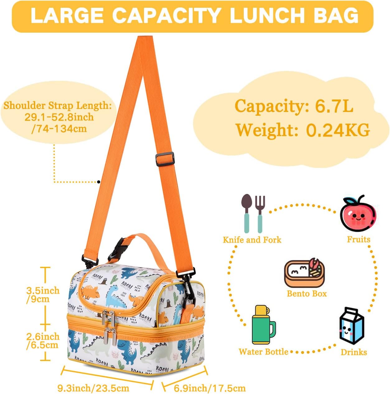 VASCHY Lunch Box Bag Men, Insulated Two Compartments Bento Cooler Bags for Adults/Women/Kids for School,Daycare,Kindergarten,Picnic Black