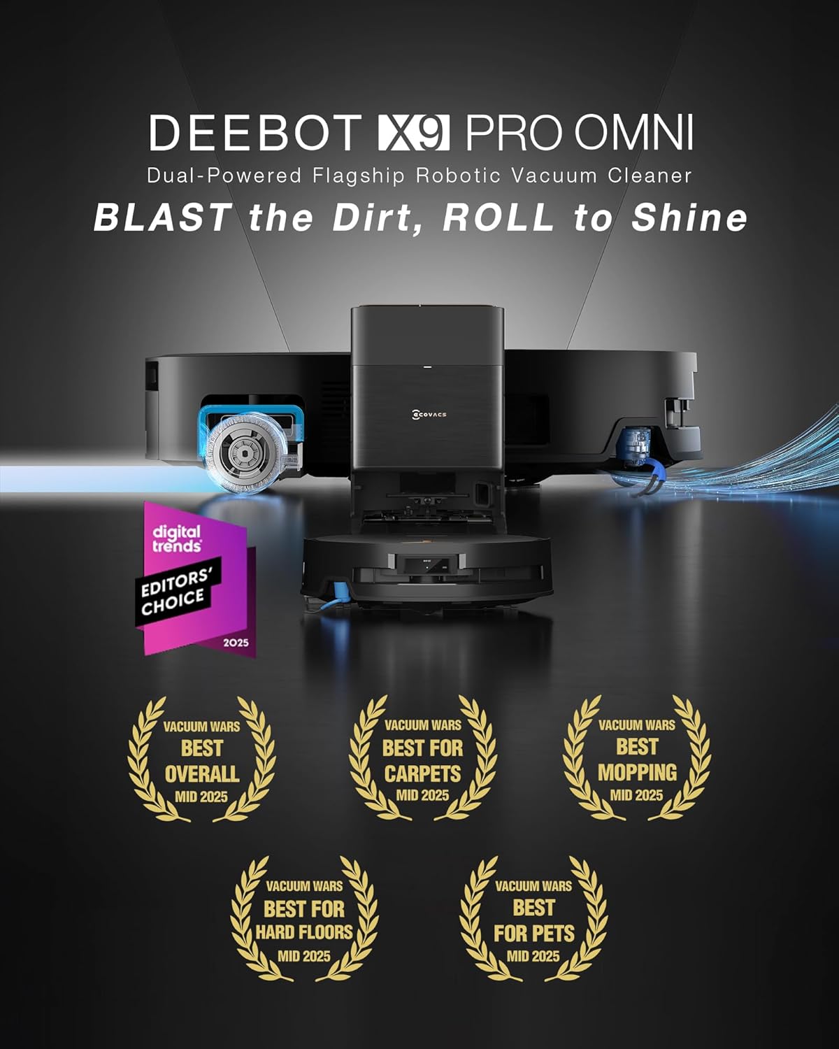 ECOVACS DEEBOT X9 PRO OMNI Robot Vacuum and Mop, BLAST™ 16,600Pa Suction, OZMO ROLLER Instant Self-Washing Mopping, ZeroTangle™ 3.0, Triple Lift System, AI Smart Navigation, Hands-Free OMNI Station