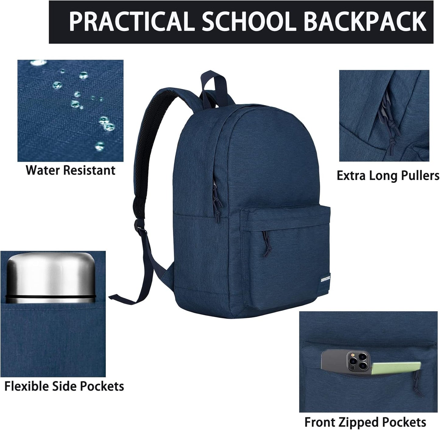 SUPACOOL Casual Laptop Backpack with USB Charging Port for Men and Women, School Bookbag for College, Lightweight Pack Back(Dark Black)