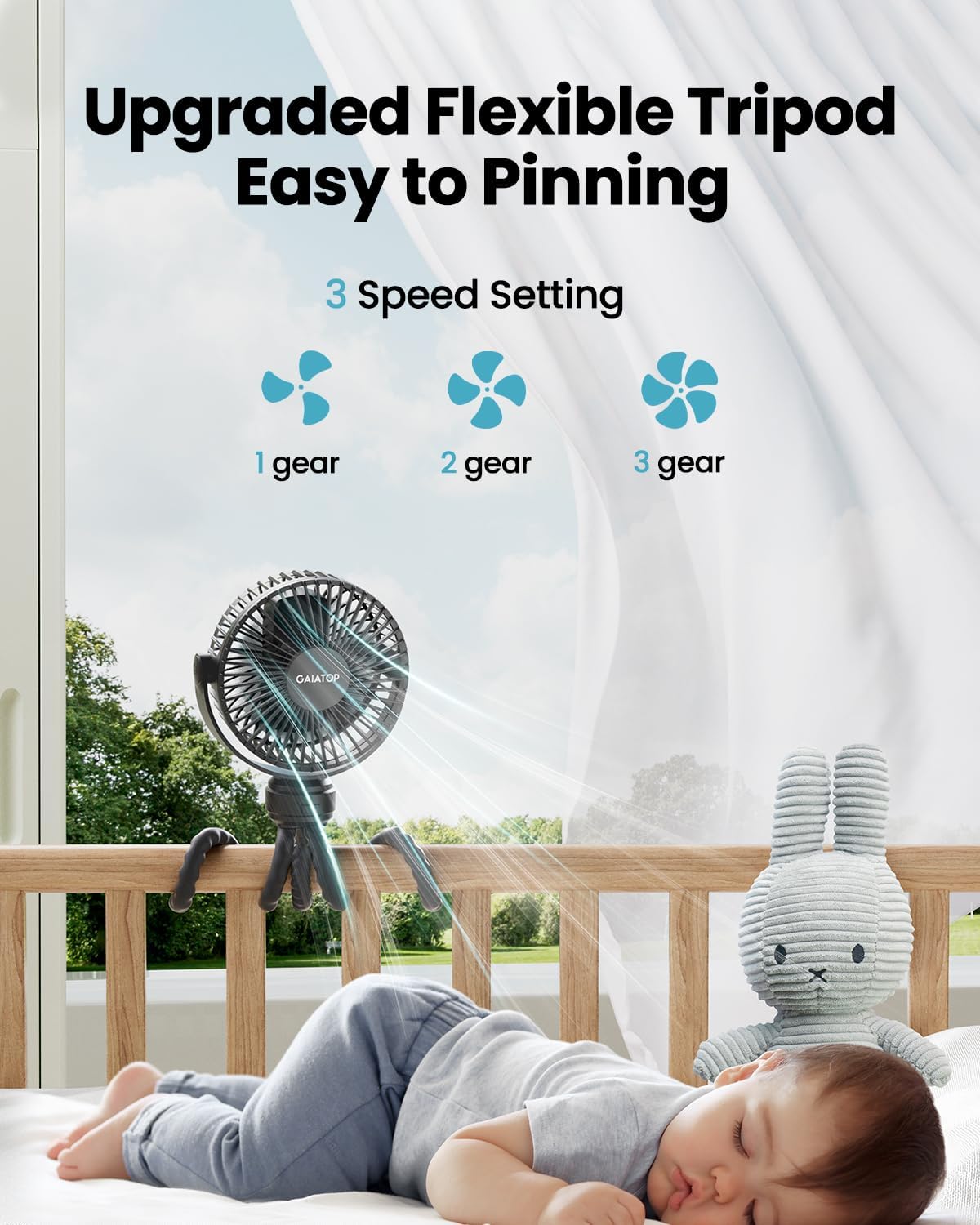Gaiatop Mini Portable Pram Fan, Rechargeable Small Clip on Fan for Stroller, Detachable 3 Speed 360 Degree Rotate Flexible Tripod Handheld Desk Cooling Car Seat Crib Treadmill Travel Black