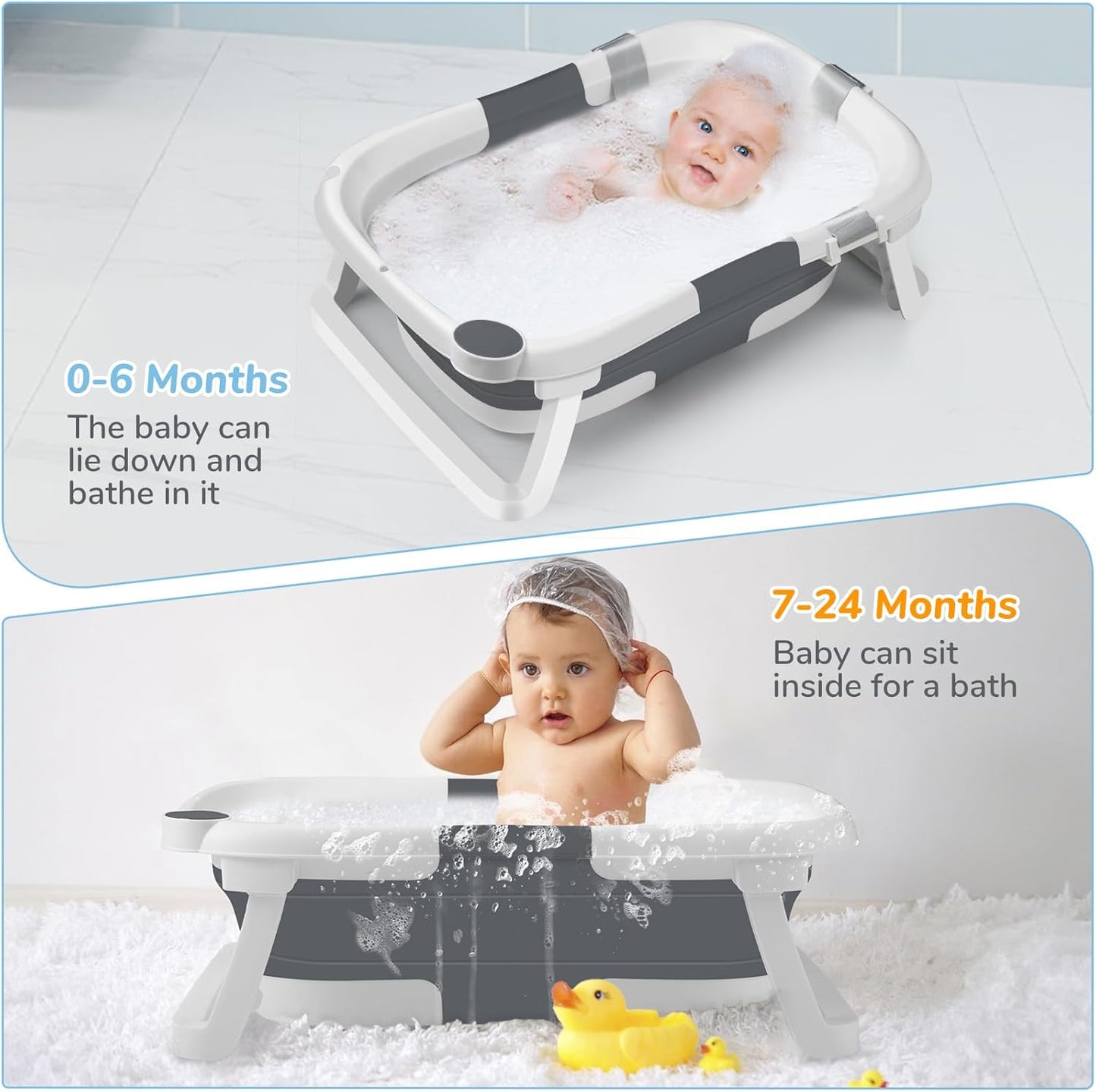 DEANIC Collapsible Baby Bathtub for Newborns, Portable Infant Bathtub with Soft Bath Cushion Support for 0-24 Months, Toddler Bath Tub with stand Indoor Travel (Grey)
