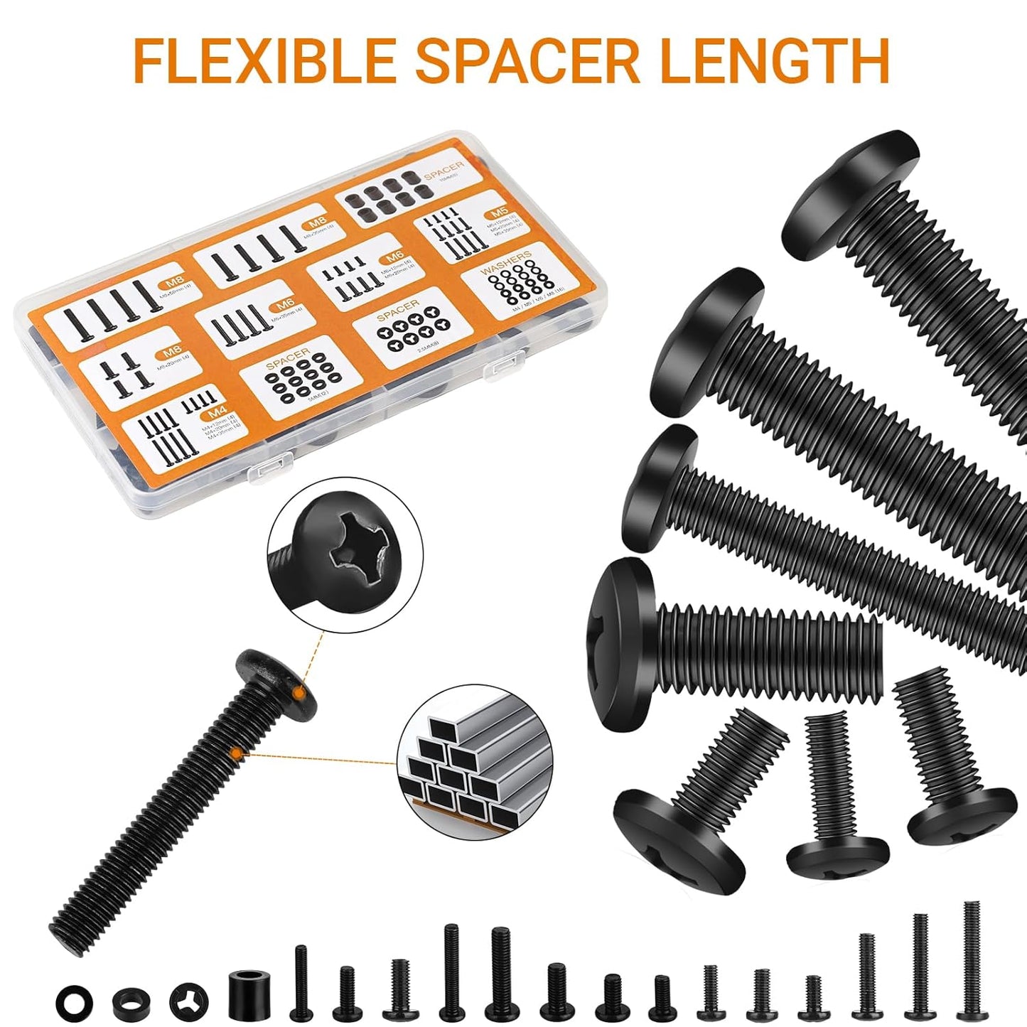 Universal TV Mounting Hardware Screw Kit Set - M4 M5 M6 M8 Screws,Spacers and Washers for Most TV/Monitor VESA Mount, TV Mount Replacement Screws with Box up to 80 inch(Black)