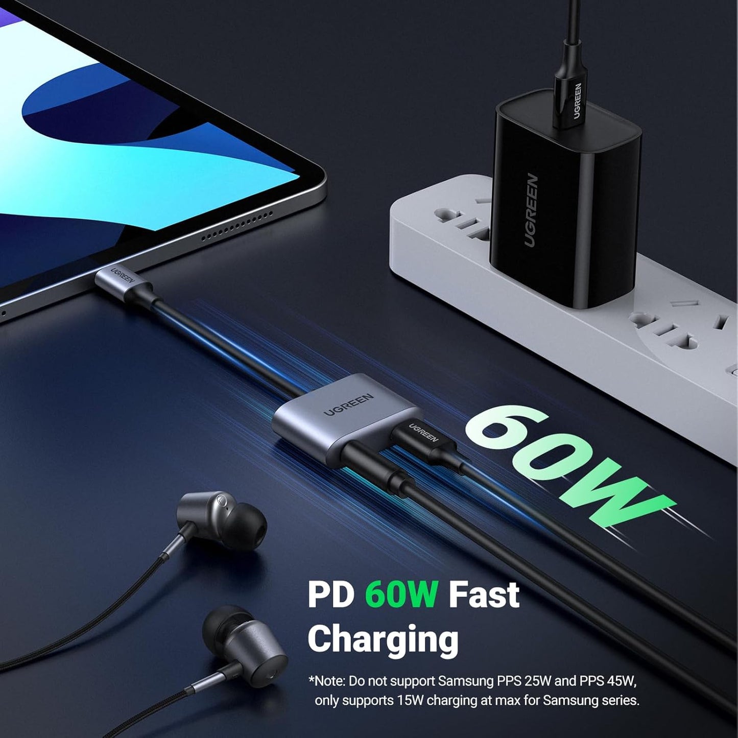 UGREEN USB C to 3.5mm Headphone Adapter Jack and Charger, 2 in 1 USB C to Aux Jack with PD 3.0 60W Fast Charging Compatible with Galaxy S24/S23 Ultra S22 Note 20, Pixel 5 4 3 2 XL, iPad Pro 2021