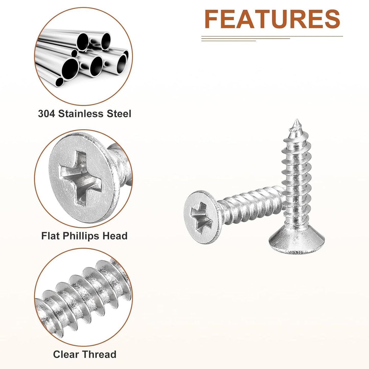 DTGN 100Pcs #6x1/2 Flat Head Wood Screws, 304 Stainless Steel Phillips Self Tapping Screws - Good for Woodworking, Furniture - Silver