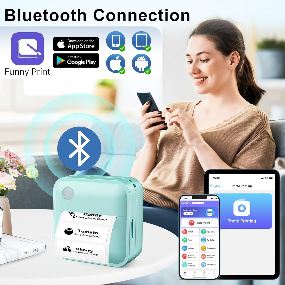 Label Maker Machine with Tape - Thermal Label Printer Bluetooth Label Maker Machine, Mini Printer Sticker Maker for Home, Kitchen, School, Office Organization with 2 Rolls Paper (Green) - PuriLite