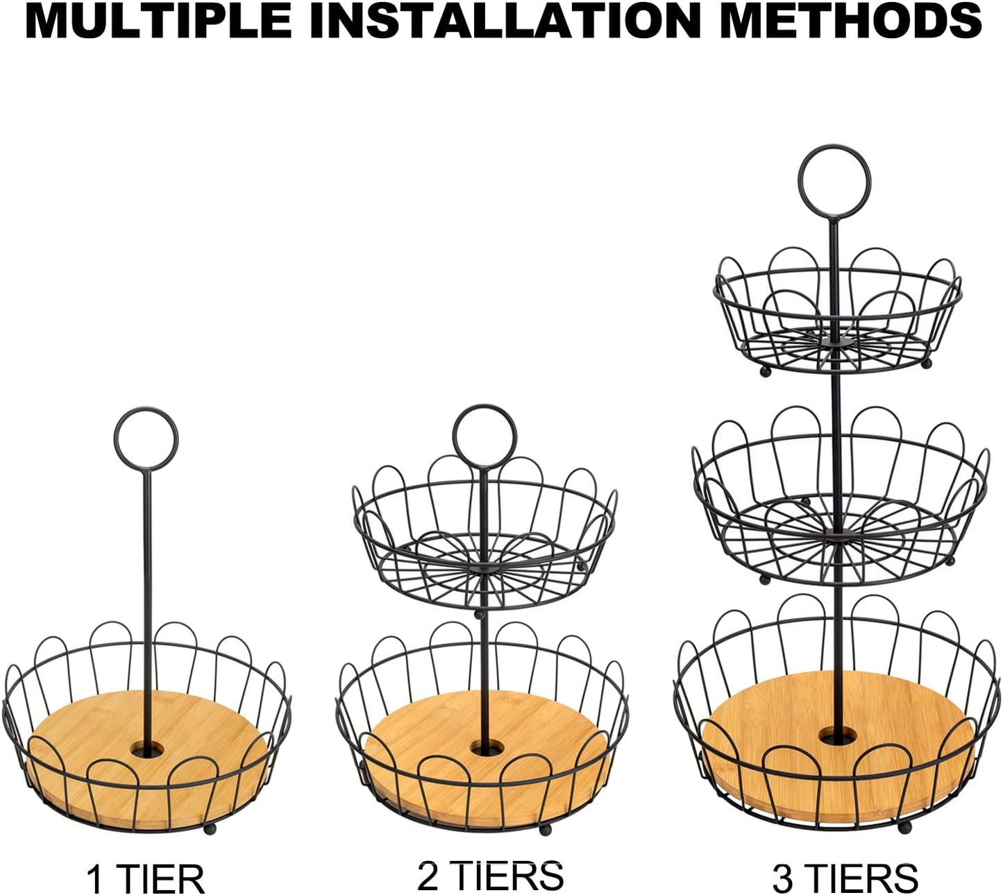 3-Tier Farmhouse Fruit Basket Stand, Wire Fruit Vegetables Countertop Storage Rack, Multifunctional Detachable Bread Snack Holder Bowl for Kitchen and Bathroom Organization - Black