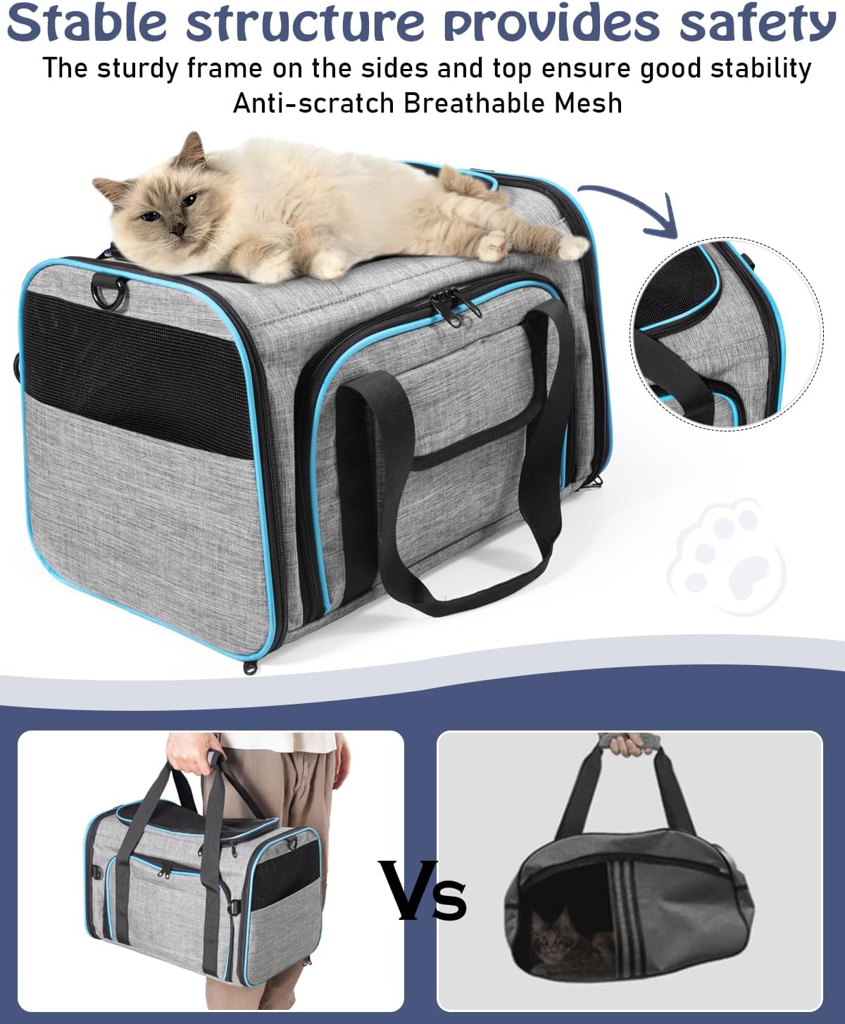 Siivton Cat Carrier,4 Sided Expandable Pet Carrier for Travel,Collapsible Soft-Sided Carriers with Removable Fleece Pad and Shoulder Straps,Airline Approved(17.5"x 11"x 11")