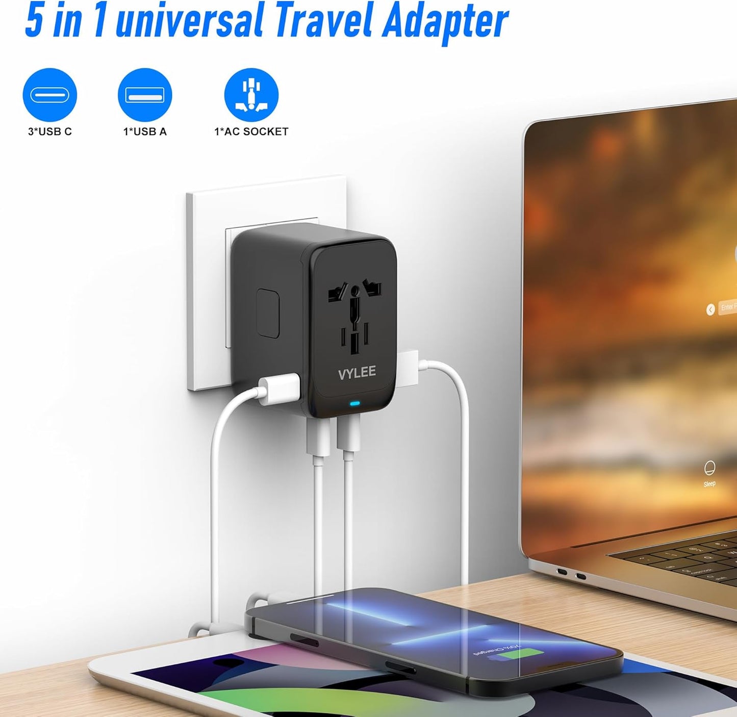 VYLEE Universal Travel Adapter, 65W Fast GaN International Power Adapter, 3PD USB-C+1QC USB-A European Travel Plug Adapter, US, UK, EU, AU Worldwide Travel Charger for Laptops, Tablets, Phones