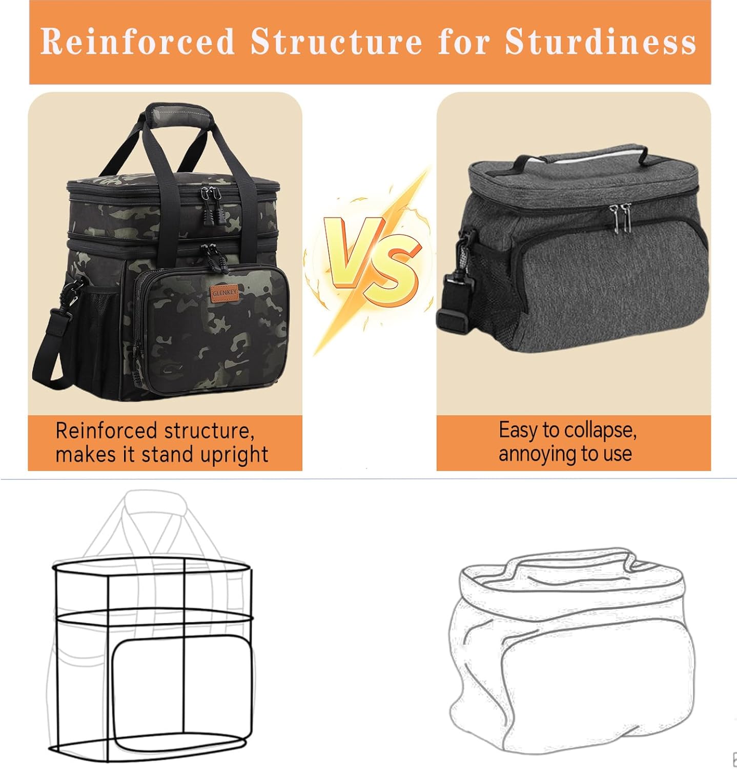 Expandable Large Lunch Bag, Double Deck Insulated Lunch Box Leakproof Durable Soft Cooler Bag for Men Women Adults Work Construction Beach Picnic Daytrip,16L,Black, GLENKEY