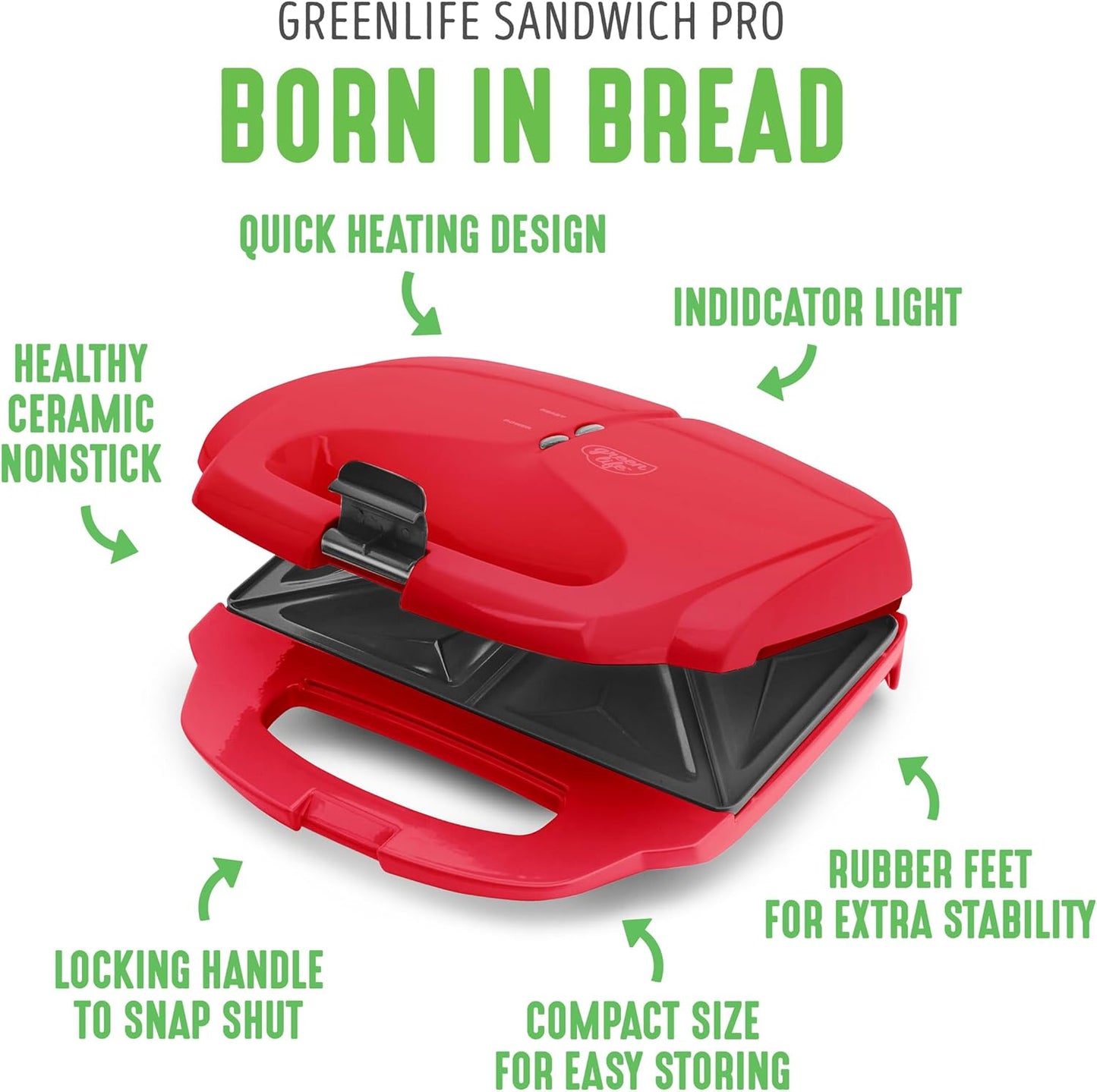 GreenLife Pro Electric Panini Press Grill and Sandwich Maker, French Toast Breakfast Sandwich and Waffle's, Healthy Ceramic Nonstick Plates,Easy Indicator Light, PFAS-Free, Red