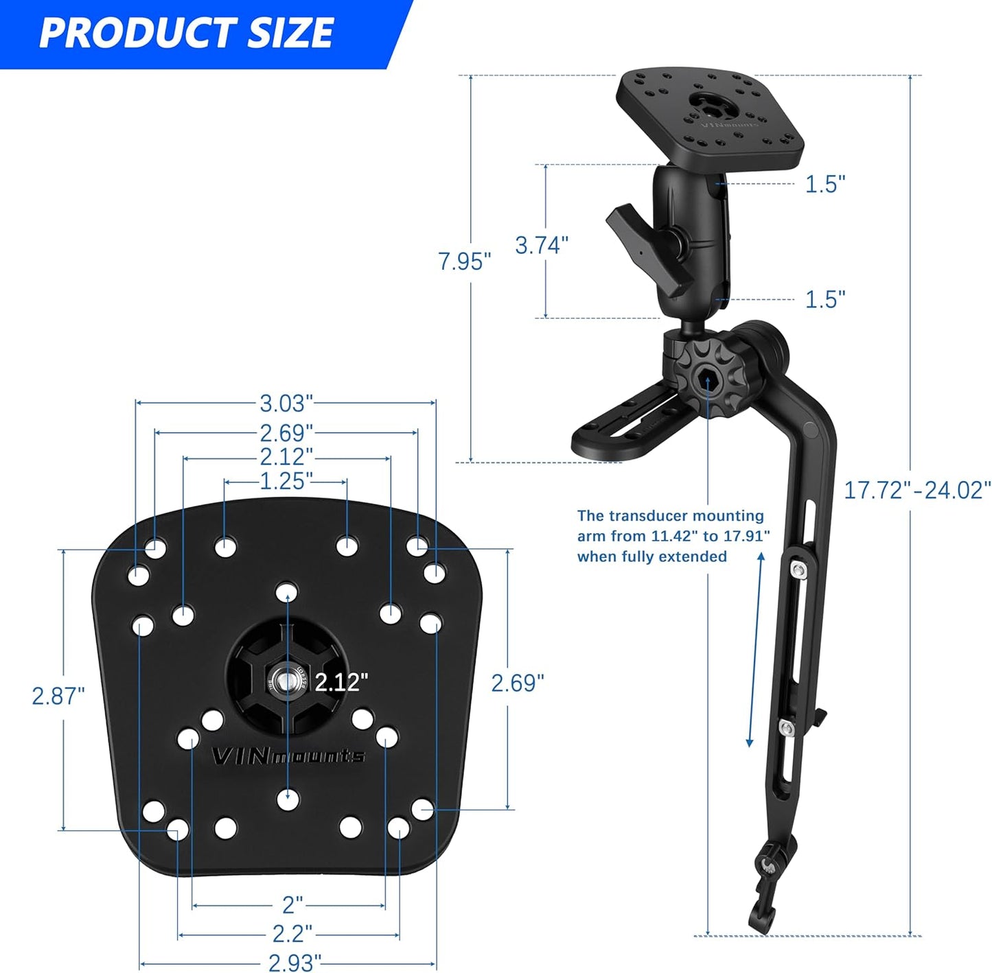Velpaw 1.5" Ball Kayak Fish Finder Mount with Transducer Mounting Arm, Marine Electronic Mount Plate with Low Profile Track, Compatible with RAM Mounts, Scotty, Lowrance, Garmin
