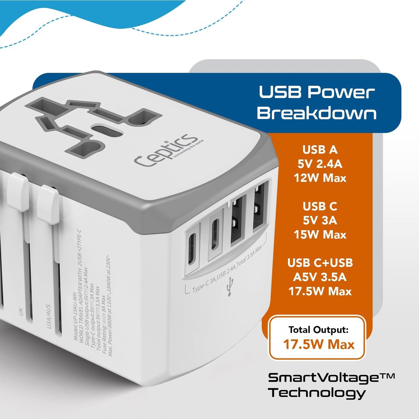 Ceptics Universal Travel Adapter kit, Dual USB (QC 3.0) + 2 US outlets + USB-C Cable, Use with Chargers, Cell Phones, Laptops, 6 Plug attachments for Worldwide use (Does Not Convert Voltage) (WPS-2B)
