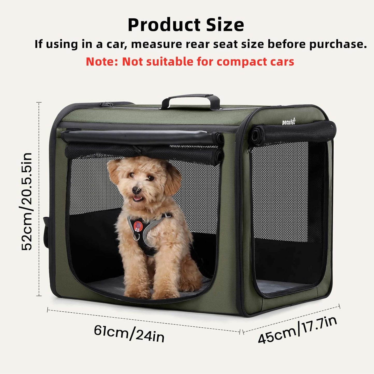 Pecute Collapsible Dog Crate for Pets<15kg, Pet Carrier Stable and Light Weight, Soft Dog Crate with Breathable Windows, Portable Dog Carrier with Curtain 61×45×52 cm (Green)