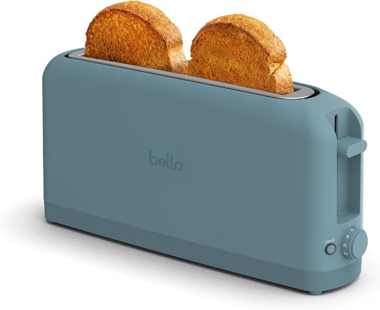 bella 2 Slice Slim Toaster, Fits-anywhere™ Kitchenware, 6 Setting Shade Control with Reheat & Cancel Buttons, Fits sourdough, 10” Long Slot, Anti Jam & Auto Shutoff, 900 Watt, Surf - PuriLite