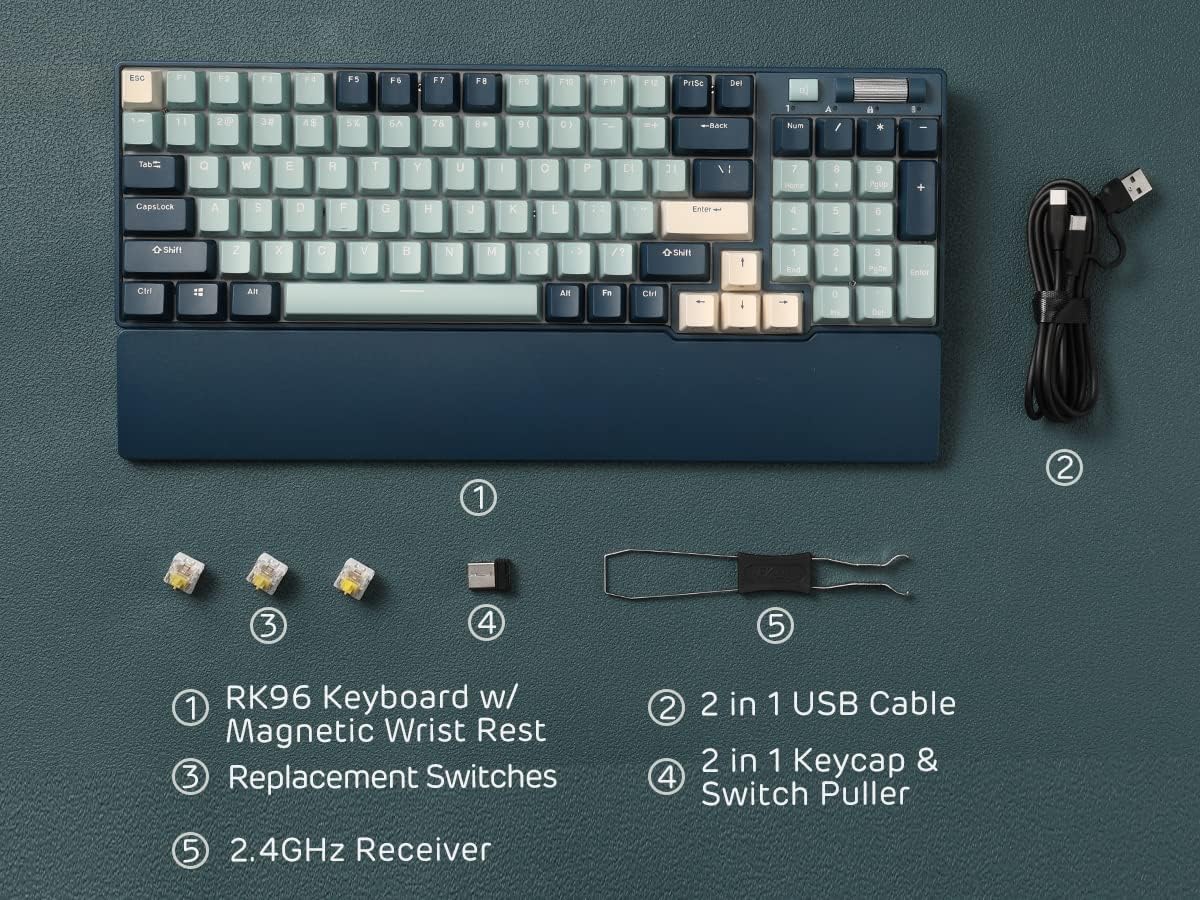 RK ROYAL KLUDGE RK96 RGB Limited Ed, 90% 96 Keys Wireless Triple Mode Bluetooth 5.0/2.4G/USB-C Hot Swappable Mechanical Keyboard w/Software Support & Massive Battery, RK Yellow Switch, Forest Blue