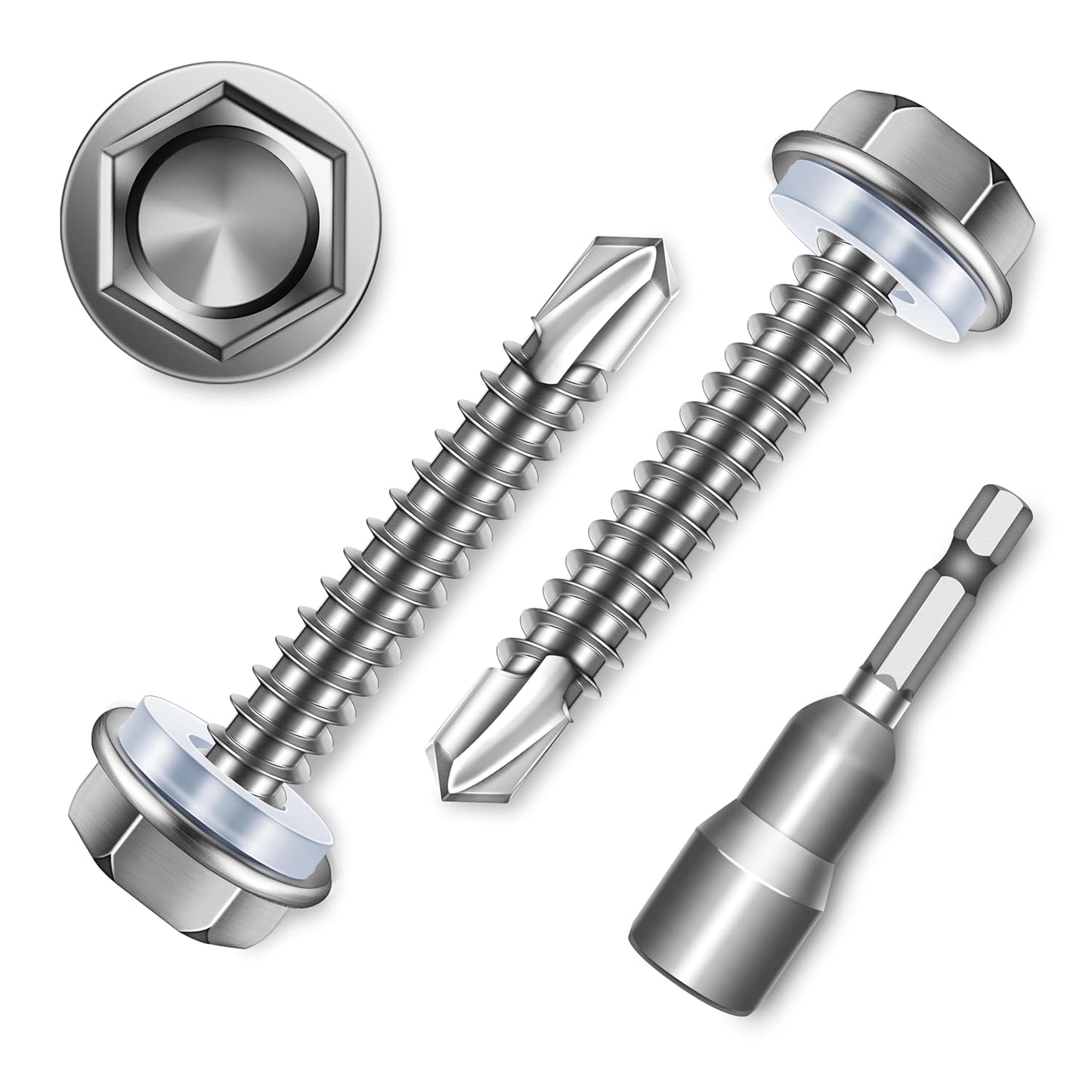 EASTPUK 100Pcs #8 x 1/2" Sheet Metal Screws, 410 Stainless Steel Self Drilling Hex Washer Head Self Tapping Screws for Metal with Drill Bit