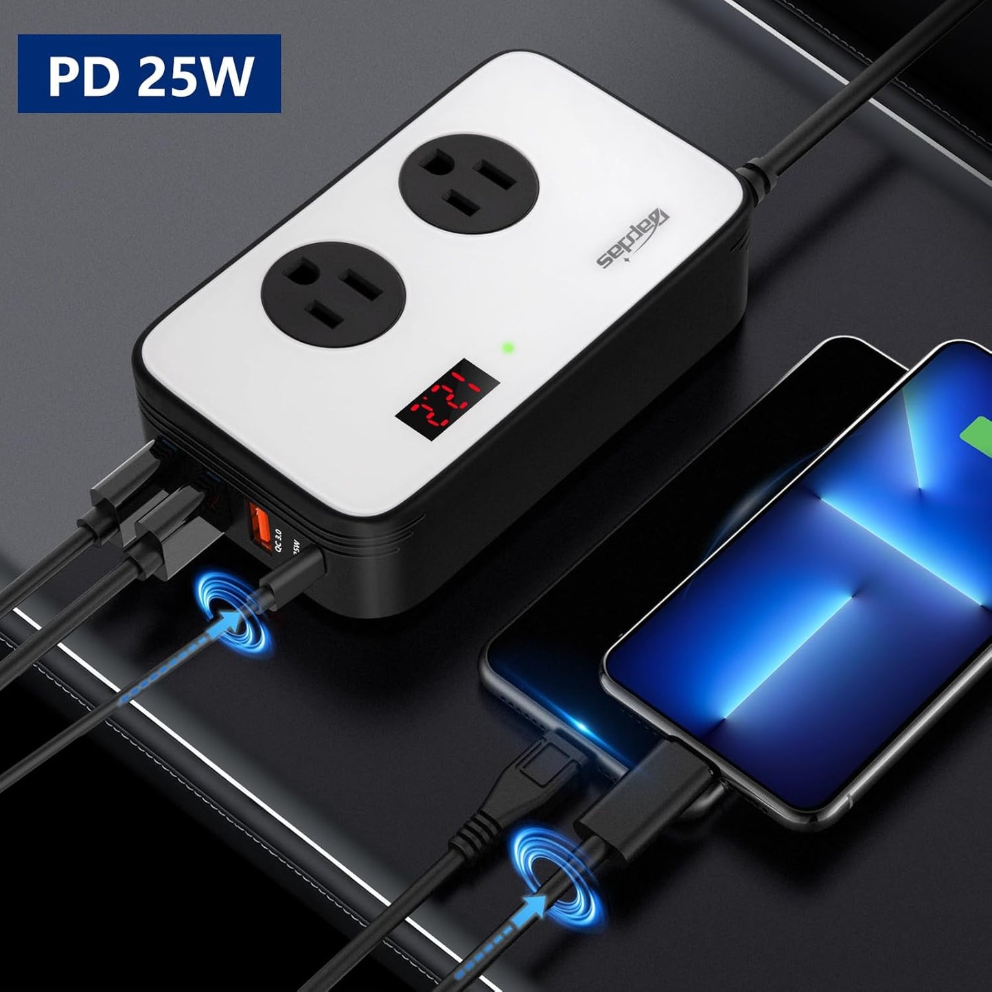 Bapdas 200W Power Inverter DC 12V to AC 110V Car Adapter Plug Outlet with PD 25W USB-C, QC3.0 and Dual USB Ports Loptop Car Charger