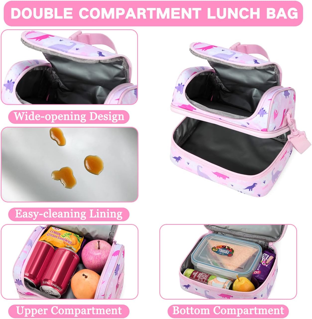 VASCHY Lunch Box Bag Men, Insulated Two Compartments Bento Cooler Bags for Adults/Women/Kids for School,Daycare,Kindergarten,Picnic Black