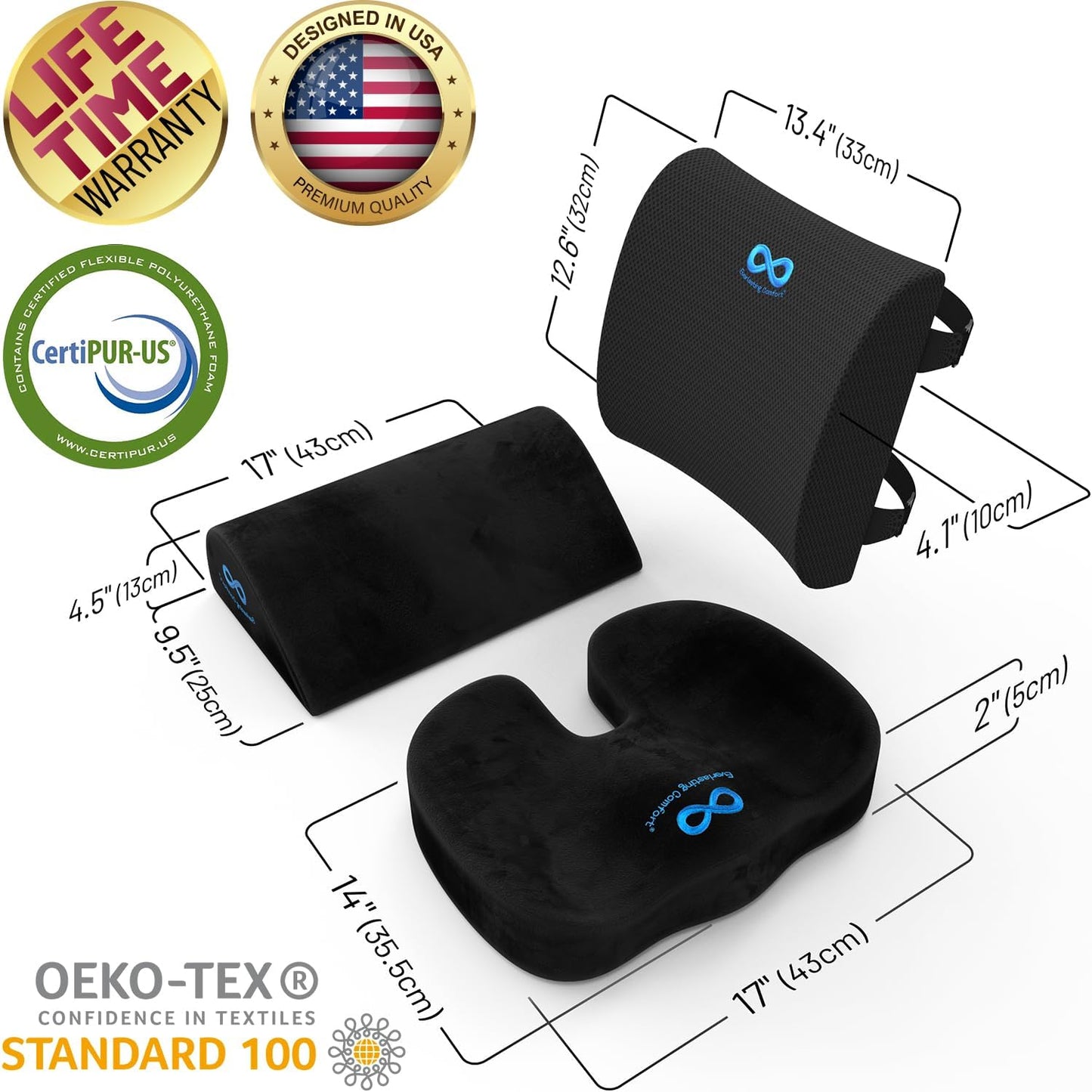 Everlasting Comfort Memory Foam Seat Cushion - Office Chair Cushion for Work, Travel, Car Support Pillow for Driving - Portable Seat for Chairs and Desks - Coussin Chaise - Black