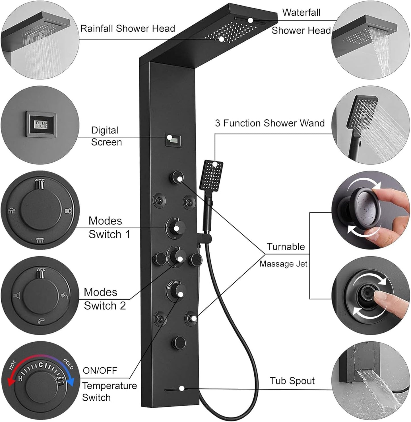 Bathfinesse Shower Tower Bathroom Shower Panel System Rain Massage System 6 in 1 Body Spray Jets Shower Wall Panels Rainfall Waterfall Shower Head Tub Spout with Temperature Display,Matte Black