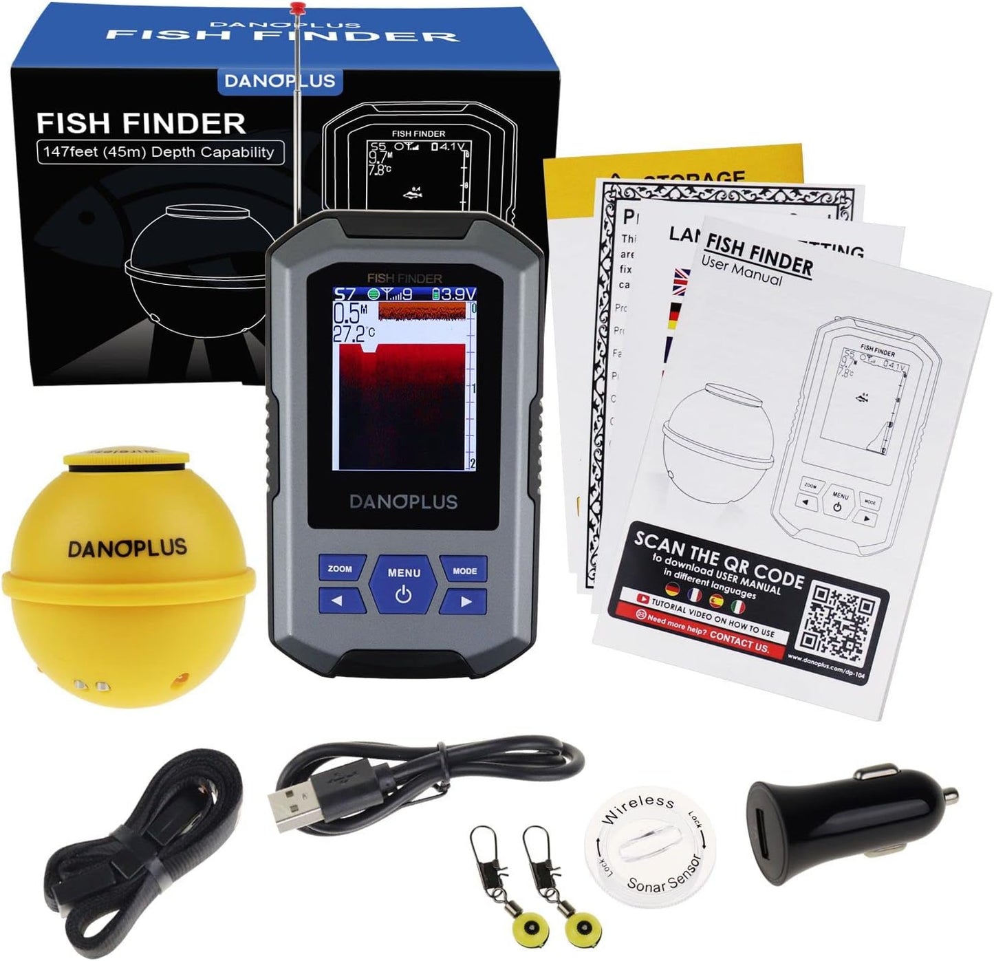 Wireless Fish Finder Portable Fishfinder Sonar Sensor 147feet Depth Detection Rechargeable Depth Finders Kayak Fishing Accessories for Sea Fishing, Ice Fishing, Boat Fishing