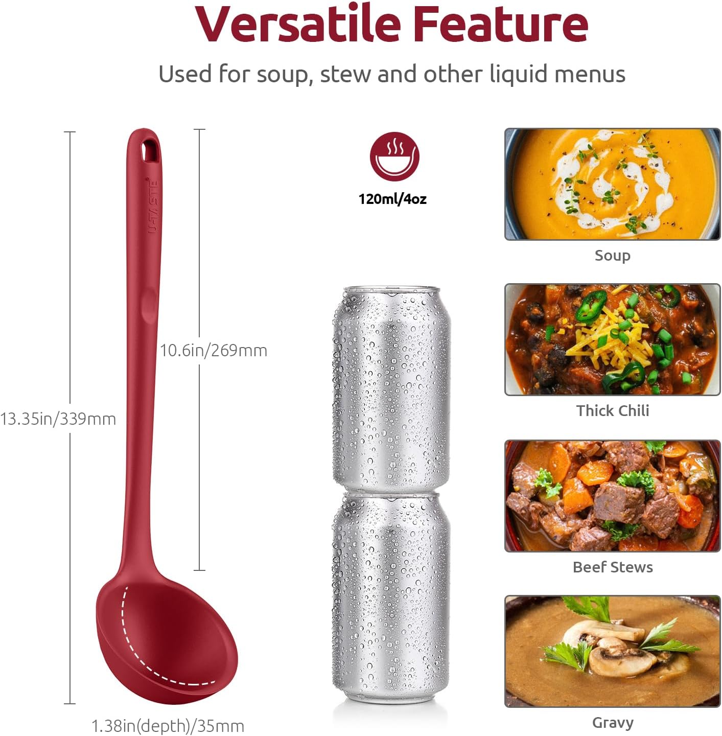 13 inch Silicone Soup Ladle: U-Taste 600ºF Heat Resistant 4 oz Large Non-Stick Seamless Rubber Kitchen Deep Serving Spoon with Non-Slip Solid Long Handle for Cooking Sauce/Stews/Gravies/Chili(Purple)