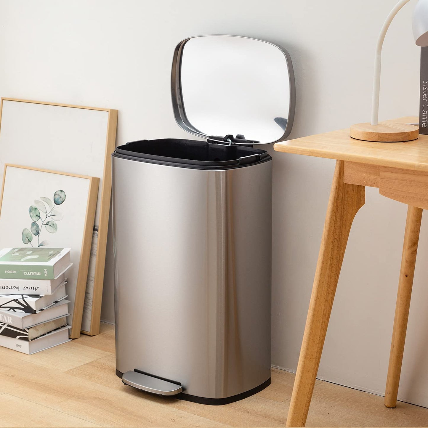 13 Gallon/50 L Garbage Can Kitchen Trash Can with Lid for Office Bedroom Bathroom Step Trash Bin Fingerprint-Proof Brushed Stainless Steel