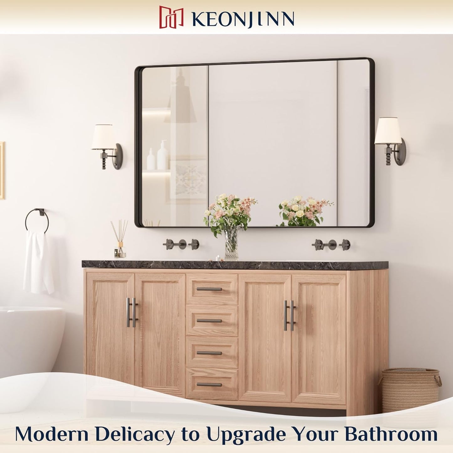 Keonjinn 42 x 36 Brushed Nickel Bathroom Vanity Mirror, Large Rounded Rectangle Bathroom Mirrors for over Sink, Metal Framed Silver Mirror for Wall, Shatterproof HD Tempered Glass(Horizontal/Vertical)