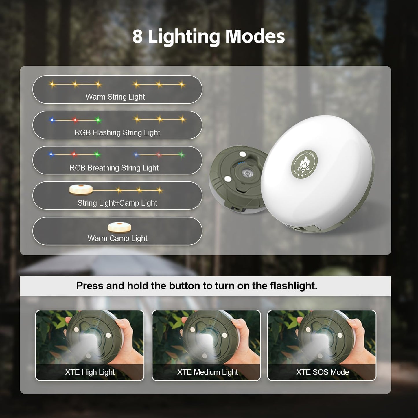 Camping String Lights, 32.8Ft Outdoor String Lights with 8 Lighting Modes,Quick 30s Recovery,Portable and Durable,12H Runtime-Rechargeable Camping Lights for Outdoor Yard Hiking