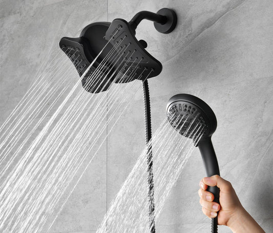 2.5 GPM High Pressure Shower Head: GRICH 8.7 Inch Black Shower Heads with Hand Held Spray 2-in-1 Combo, 9-Settings Handheld Shower Head & Adjustable Rain Shower Head with Hose 60'', Anti-Clog Nozzles - PuriLite