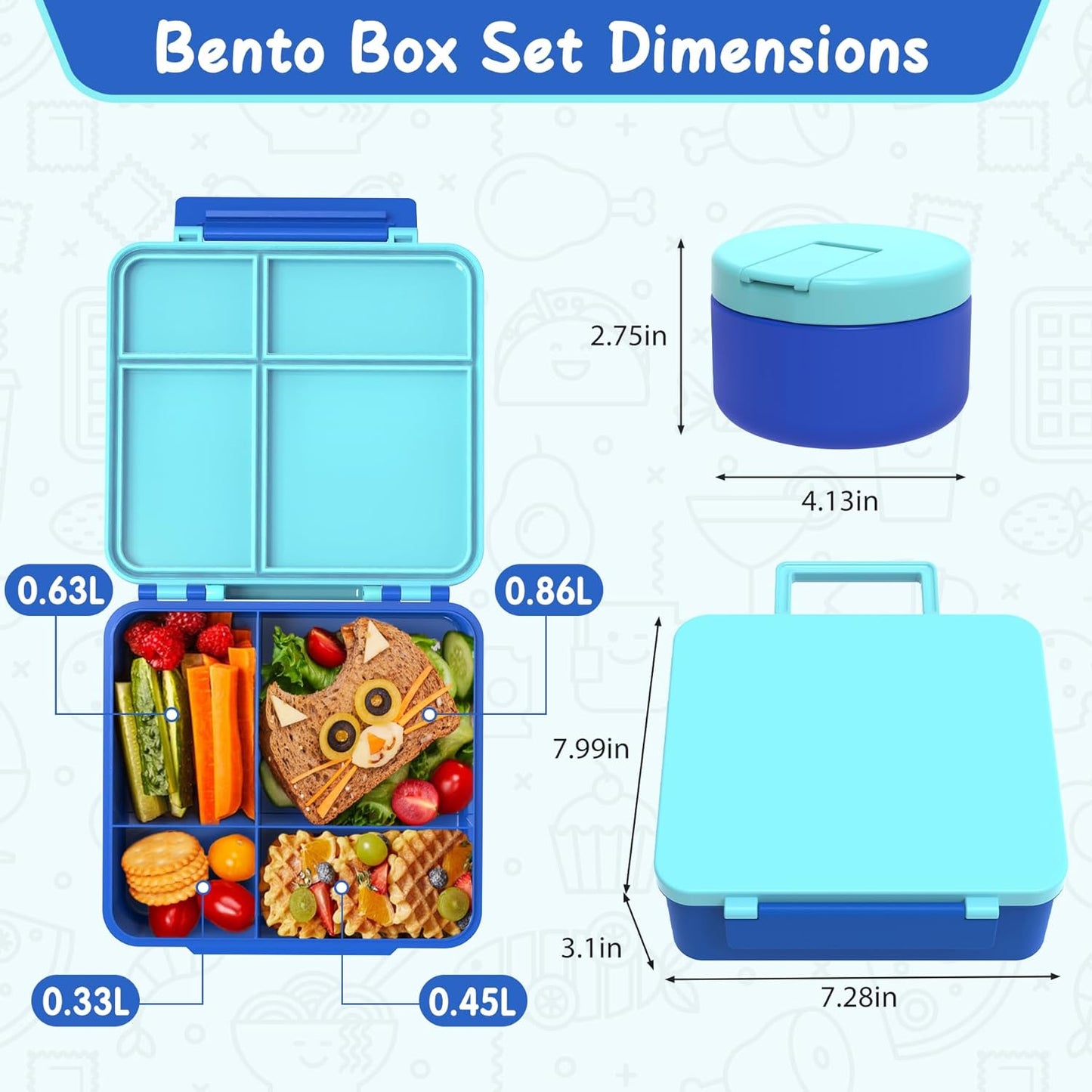 Bento Lunch Box for Kid with 7oz Soup Jar, Leak-Proof Lunch Box with Cutlery, 4-Compartments Lunch Container for School Outdoors Office