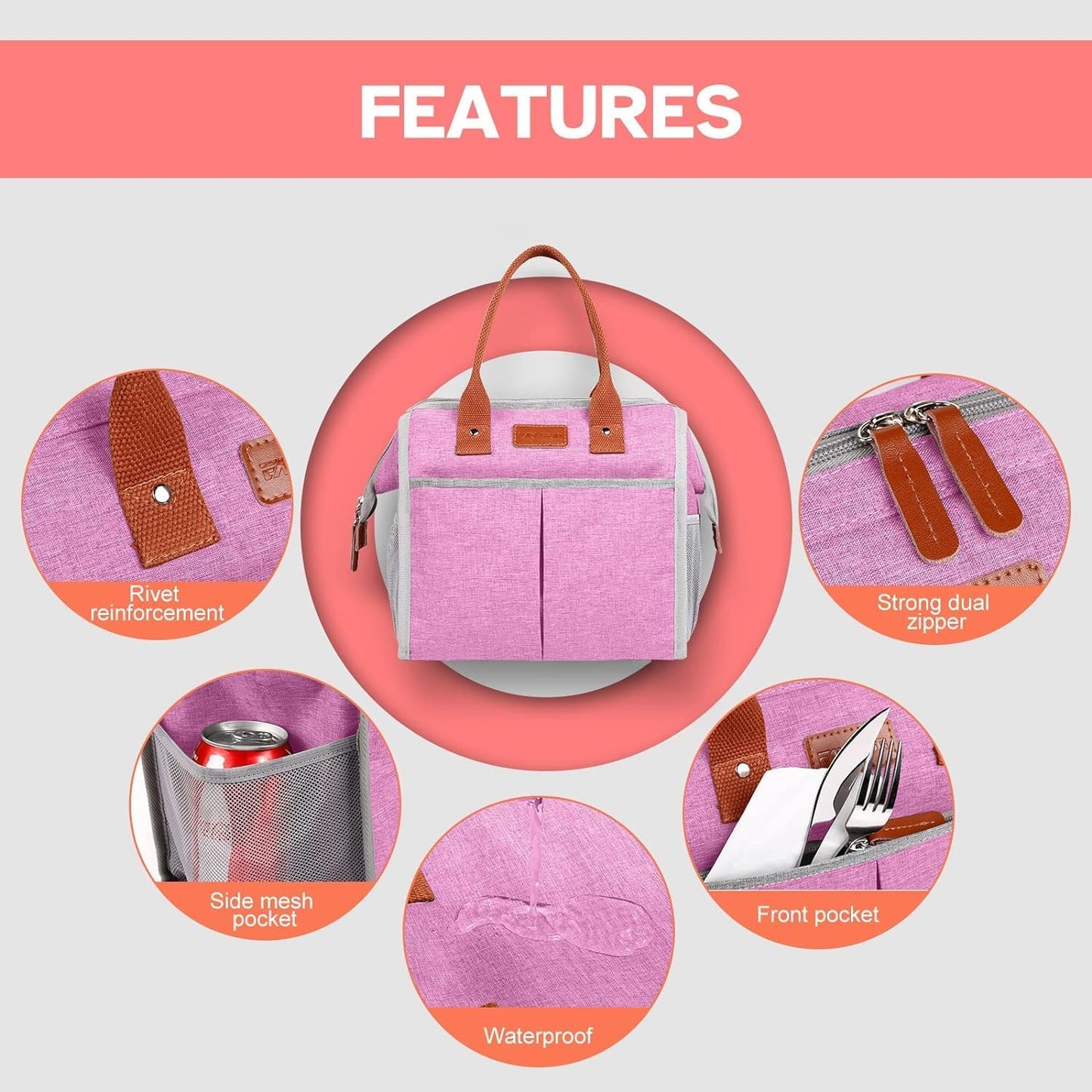 Lunch Bag for Women & Men, Insulated Lunch Box Cooler Tote Bags, Adult Reusable Lunch Boxes with Water Resistant for Work, Travel and Picnic (Grey)