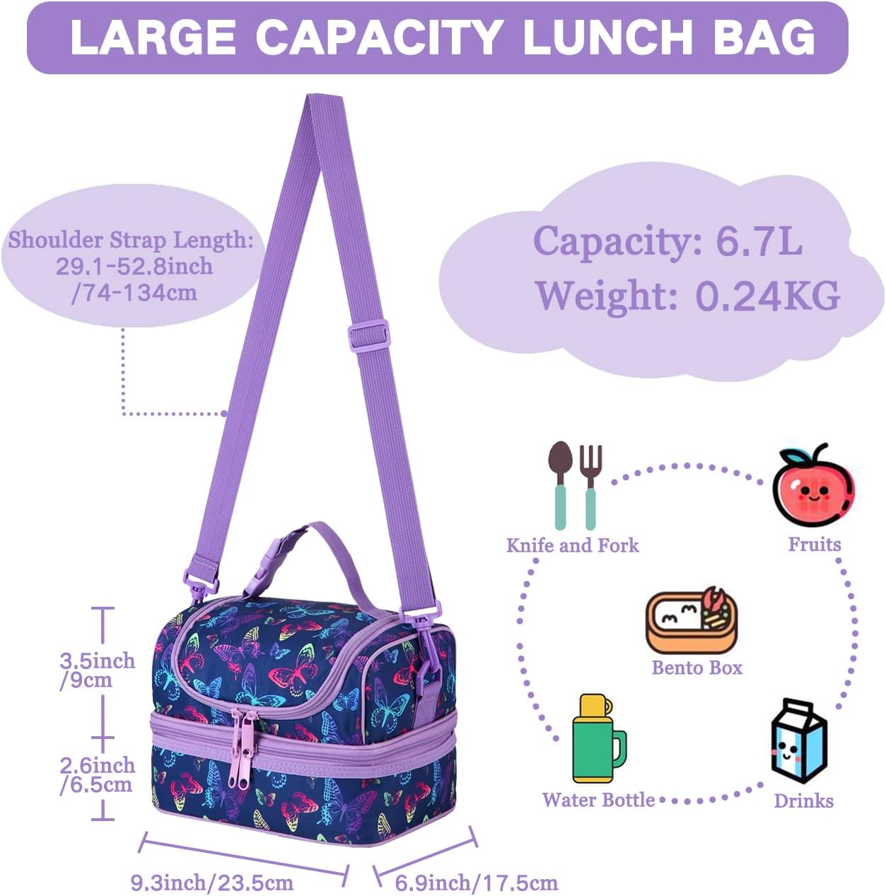 VASCHY Lunch Box Bag Men, Insulated Two Compartments Bento Cooler Bags for Adults/Women/Kids for School,Daycare,Kindergarten,Picnic Black