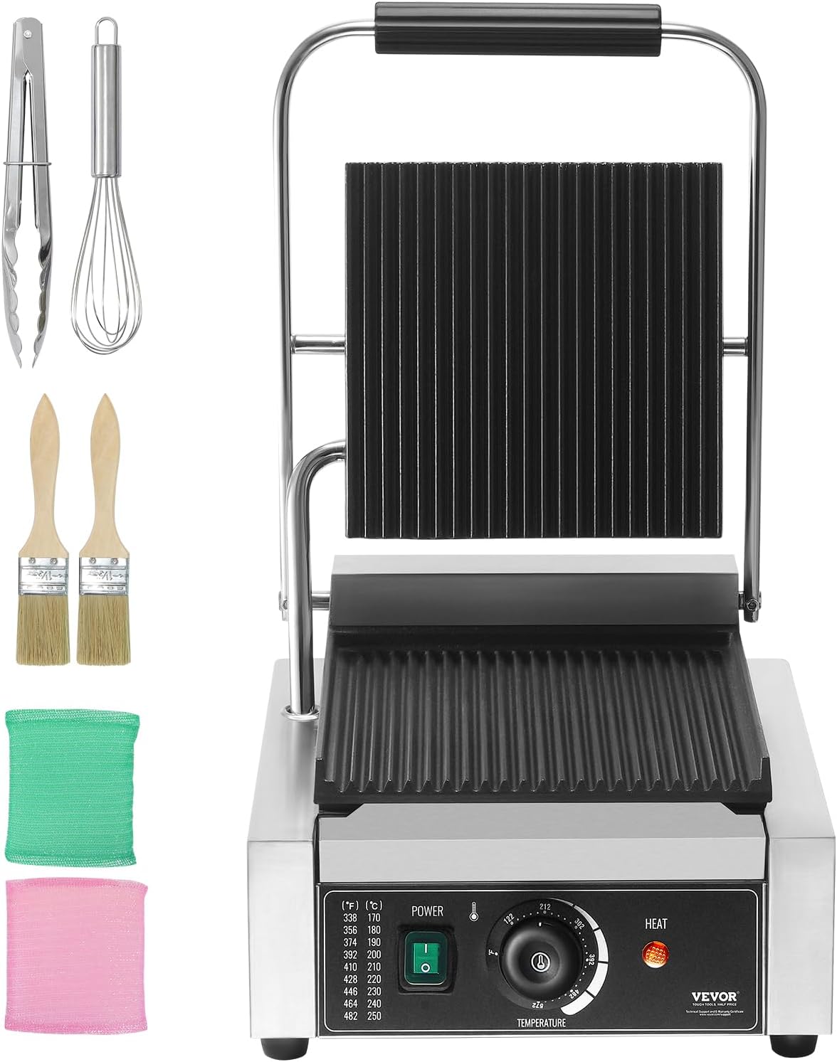 VEVOR 7 IN 1 Electric Contact Grill,1800W Indoor Panini Press Griddle,Stainless Steel Teppanyaki Grill with Nonstick&Removable Iron Plate, 0-446℉ Adjustable Temp Control,LCD Display,110V