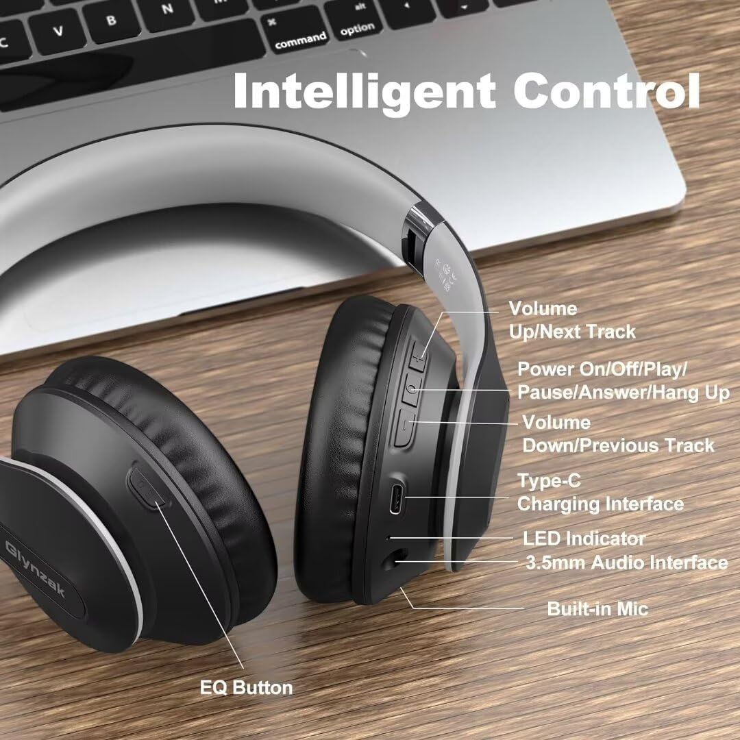 Glynzak Wireless Bluetooth Headphones Over Ear 65H Playtime HiFi Stereo Headset with Microphone and 6EQ Modes Foldable Bluetooth V5.3 Headphones for Desktop Computer Laptop Rose Gold