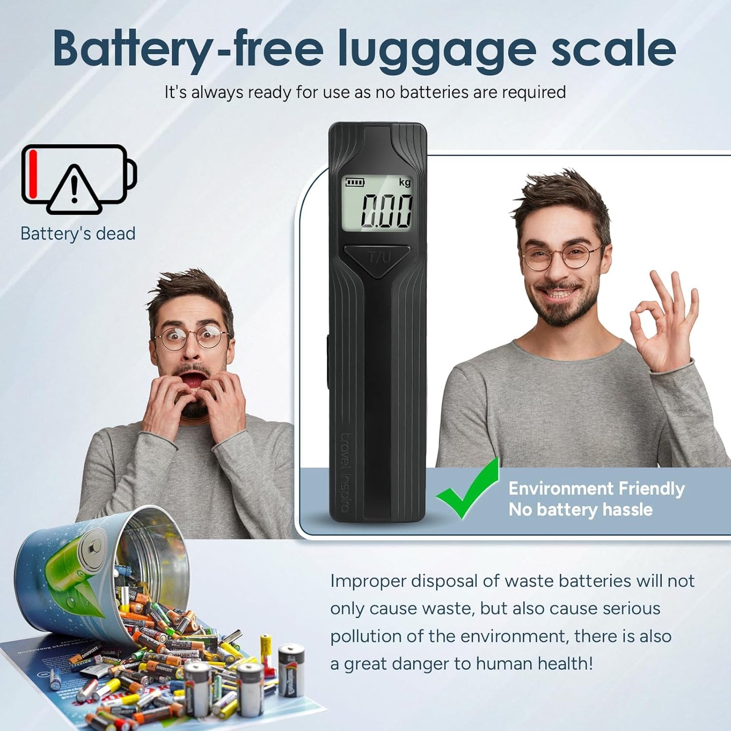 travel inspira Luggage Scale Battery-Free, Travel Essentials, Portable Handheld Digital Suitcase Weight Scale for for Travel Accessories, 110lbs/50kg (Gray)